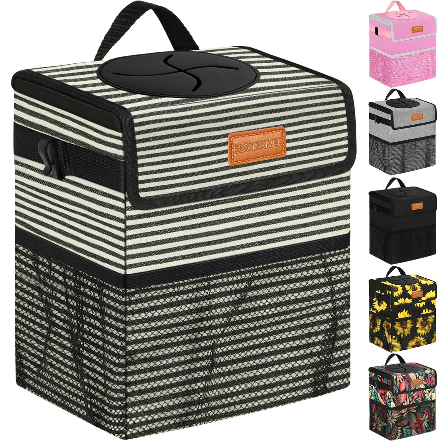 Elongriver Car Trash Can Bin For Car Back Seat Leak Proof, Cute Car Trash Bag Hanging, Vehicle Trash Can For Suv Truck Van, Automotive Car Garbage Cans Front Seat Stripe