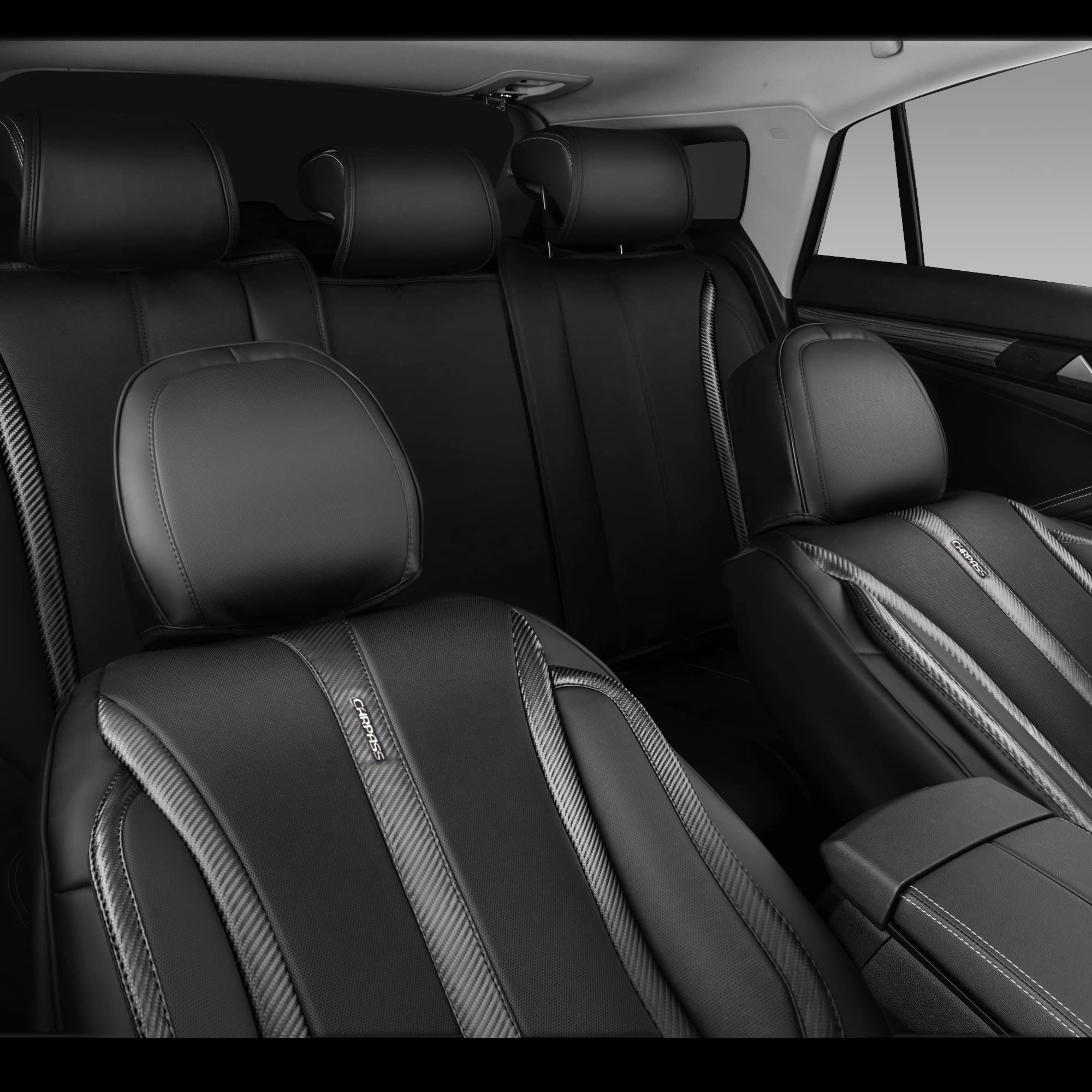CAR PASS Nappa Leather Car Seat Covers Full Set & Carbon Fiber, Waterproof and Durable All Weather Protector, Universal Fit for