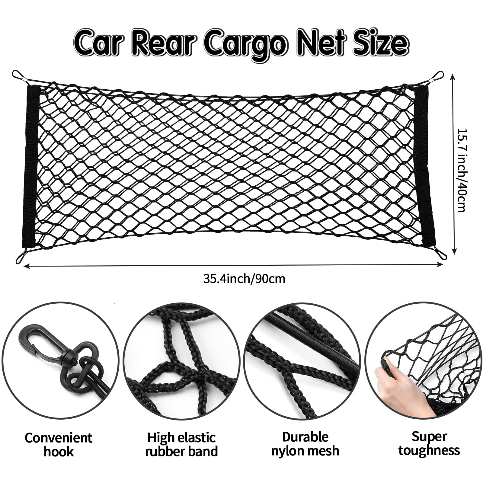 Automotive Cargo Net Stretchable And 3 Pocket Trunk Net Organizer Black Car Interior Accessories Cargo Storage Mesh Net Truck Bed Grocery Holder With Hooks Screws Buttonholes (35.4 X 15.7 Inches)