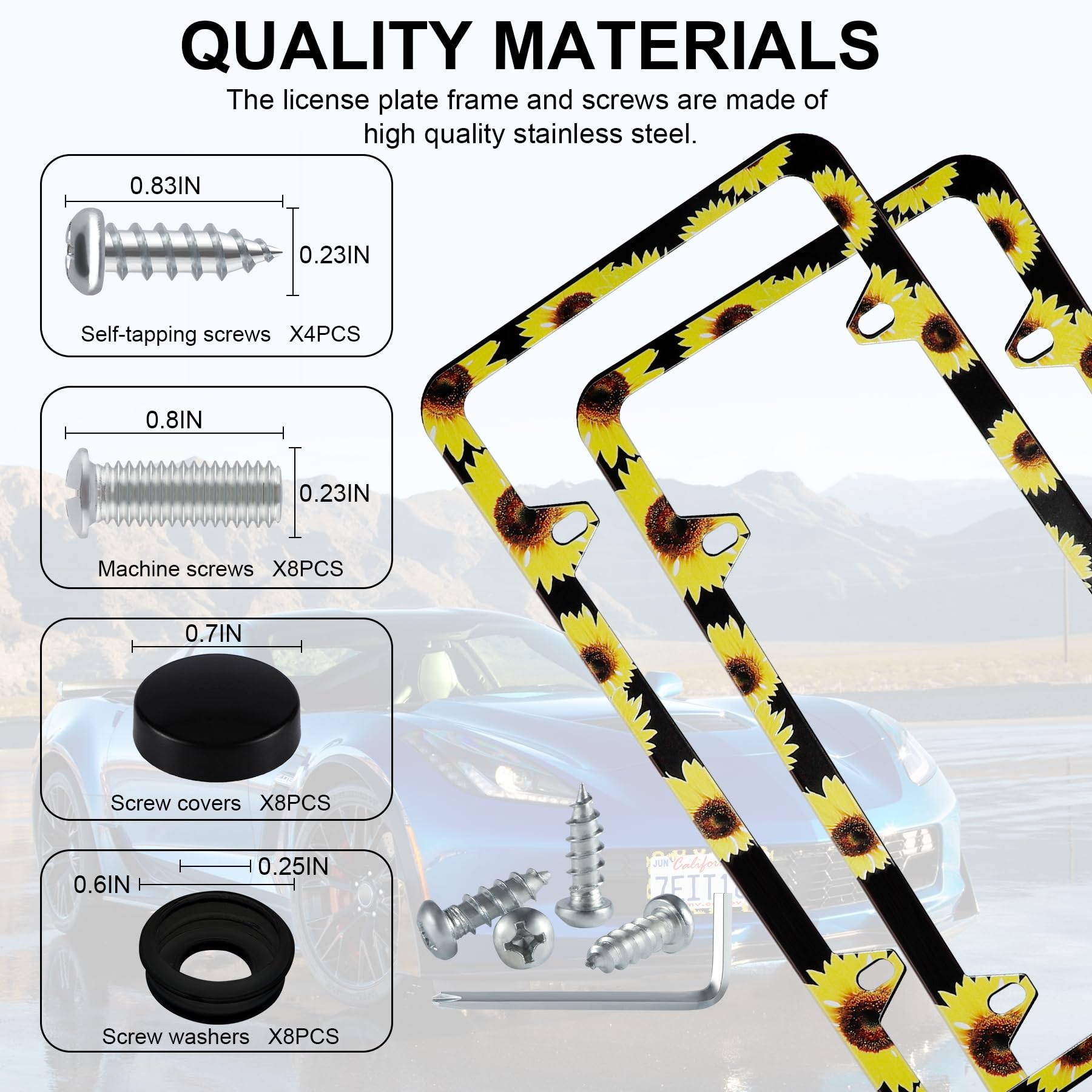 Livtee Flower License Plate Frames, 4 Holes Stainless Steel License Plate Covers, 2Pcs Car License Plate Holder, Automotive Exte