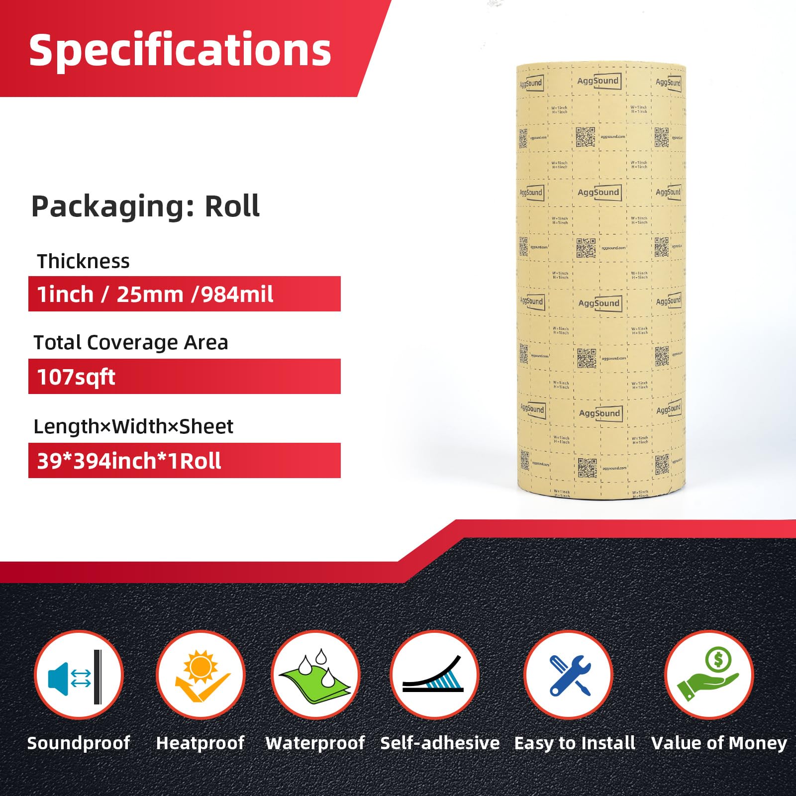 Aggsound 1Inch Thickened Sound Deadener For Multiple Use,High Density Foam With Adhesive,For Car, Boat, Rv Shield Insulation Dam