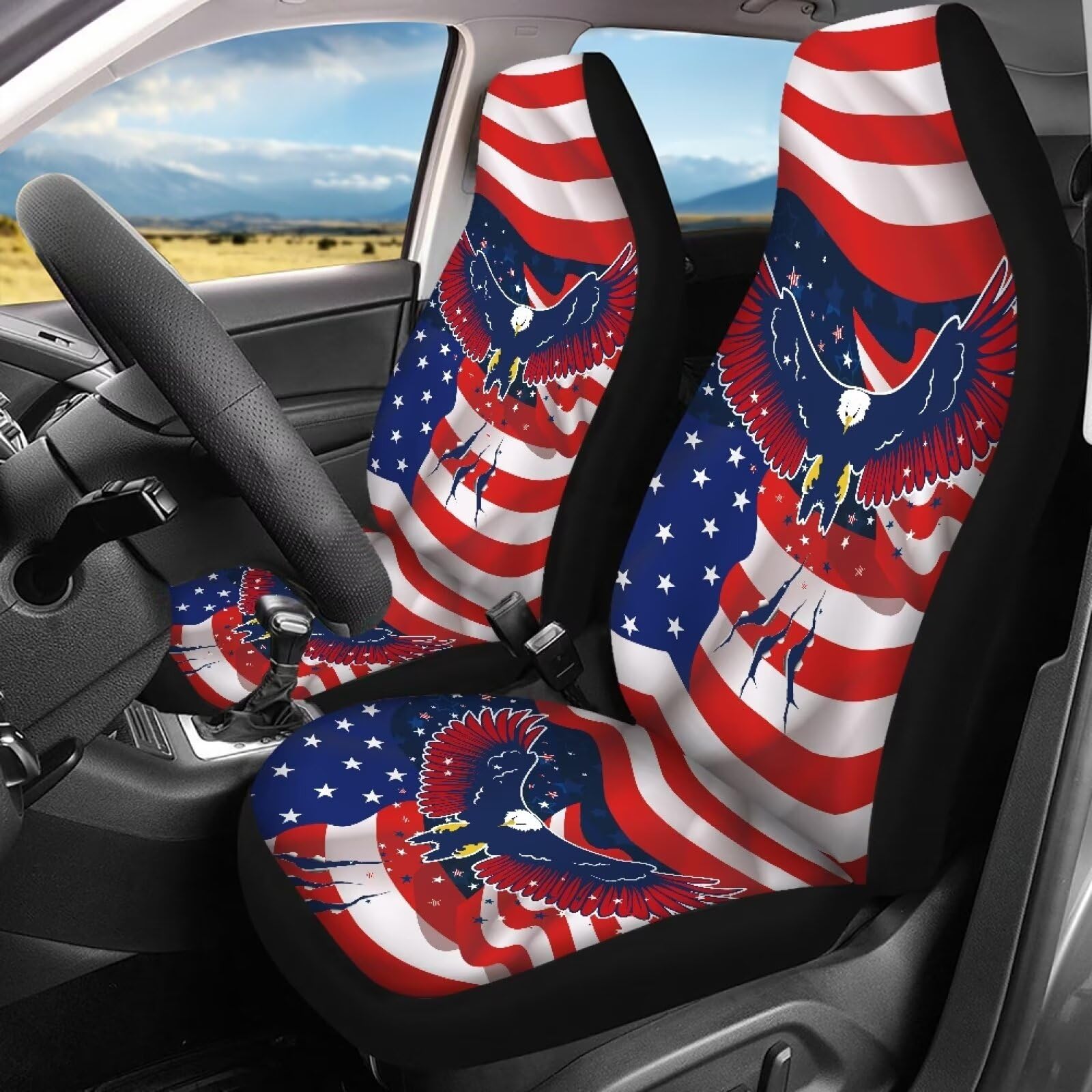 Tomeusey Car Seat Covers 4 Pcs for Women USA Flag Eagle Front and Back Automotive Accessories Seat Covers Soft Vehicle Protector