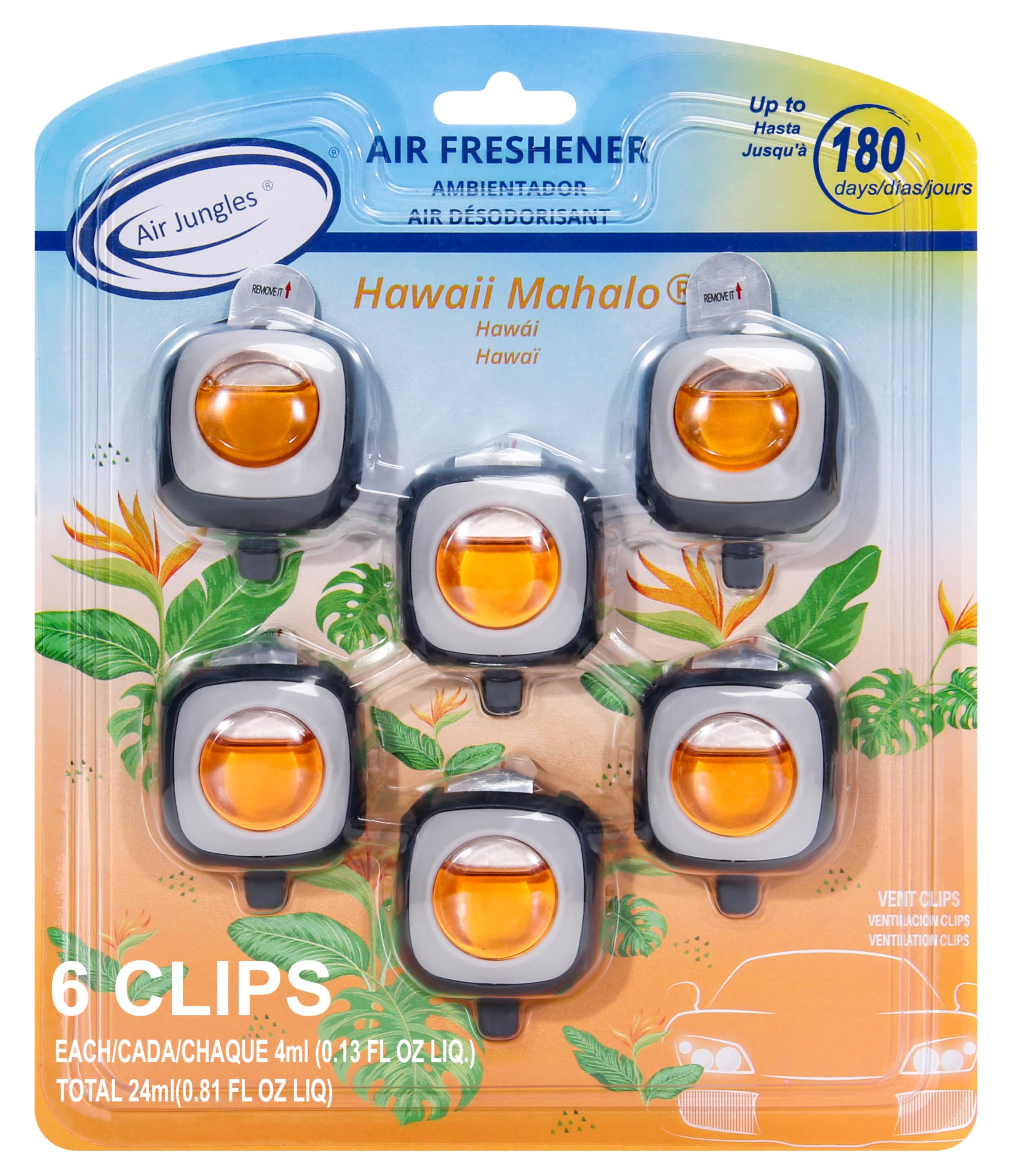 Air Jungles Hawaiian Scent Car Air Freshener Clip, 6 Vent Clips, 4 Ml Each, Long Lasting Air Freshener, Up To 180 Days Car Refre