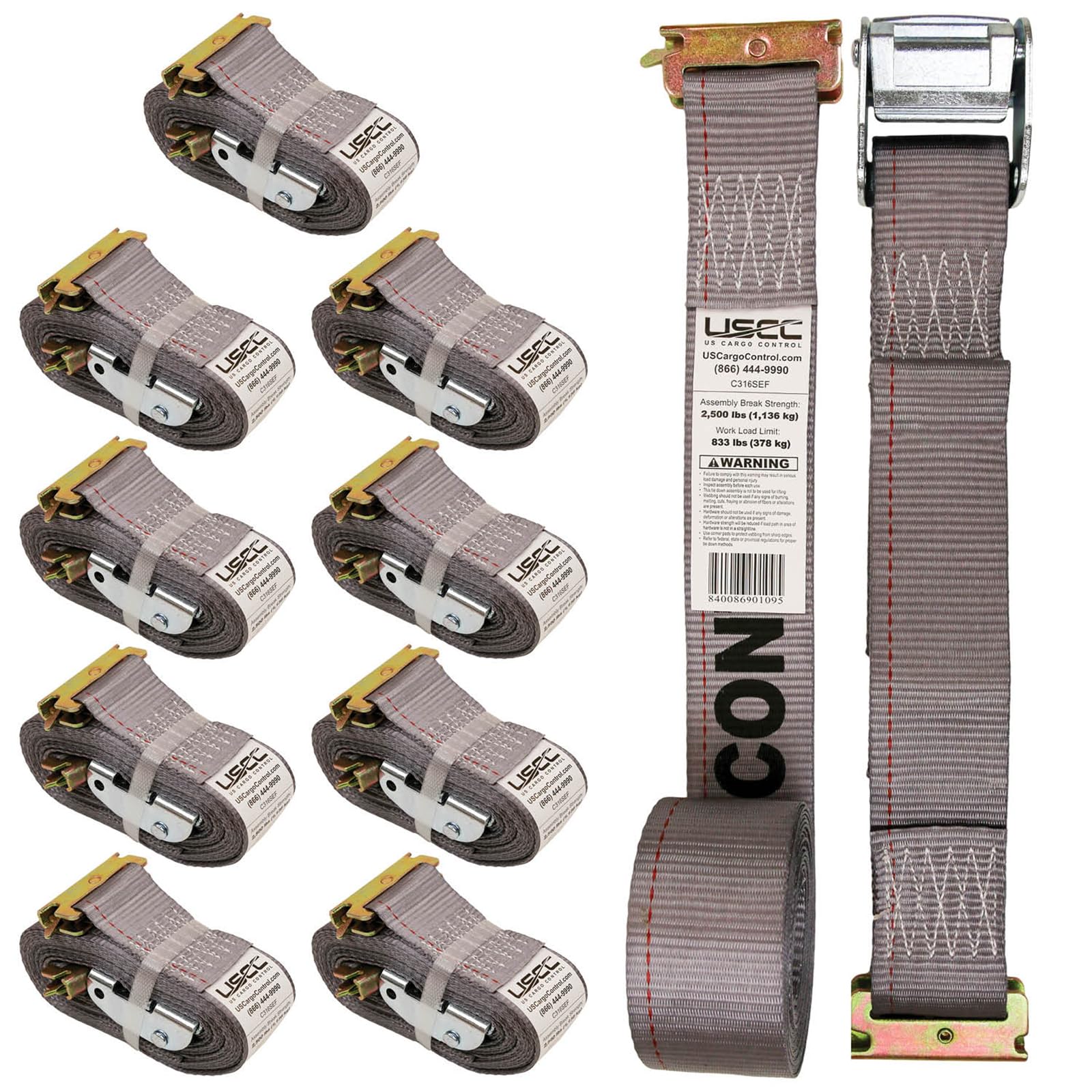 Us Cargo Control E-Track Cam Buckle Straps (10-Pack), 2 Inch X 16 Foot Heavy Duty Gray E-Track Straps With 4 Foot Fixed End And Spring E-Fittings, 833 Lbs. Working Load Limit, Logistic Straps