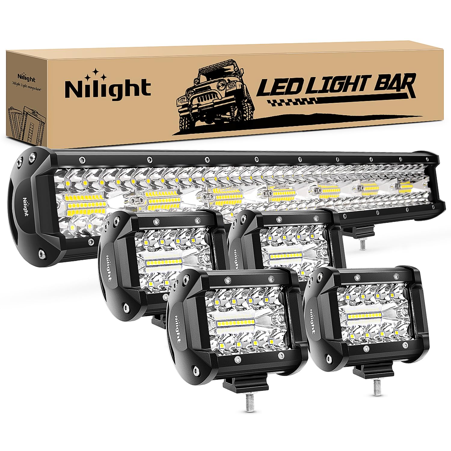 Nilight 20 Inch 420W Triple Row Flood Spot Combo Led Light Bar 4Pcs 4Inch 60W Led Pods Driving Boat Lights Led Off Road Trucks L