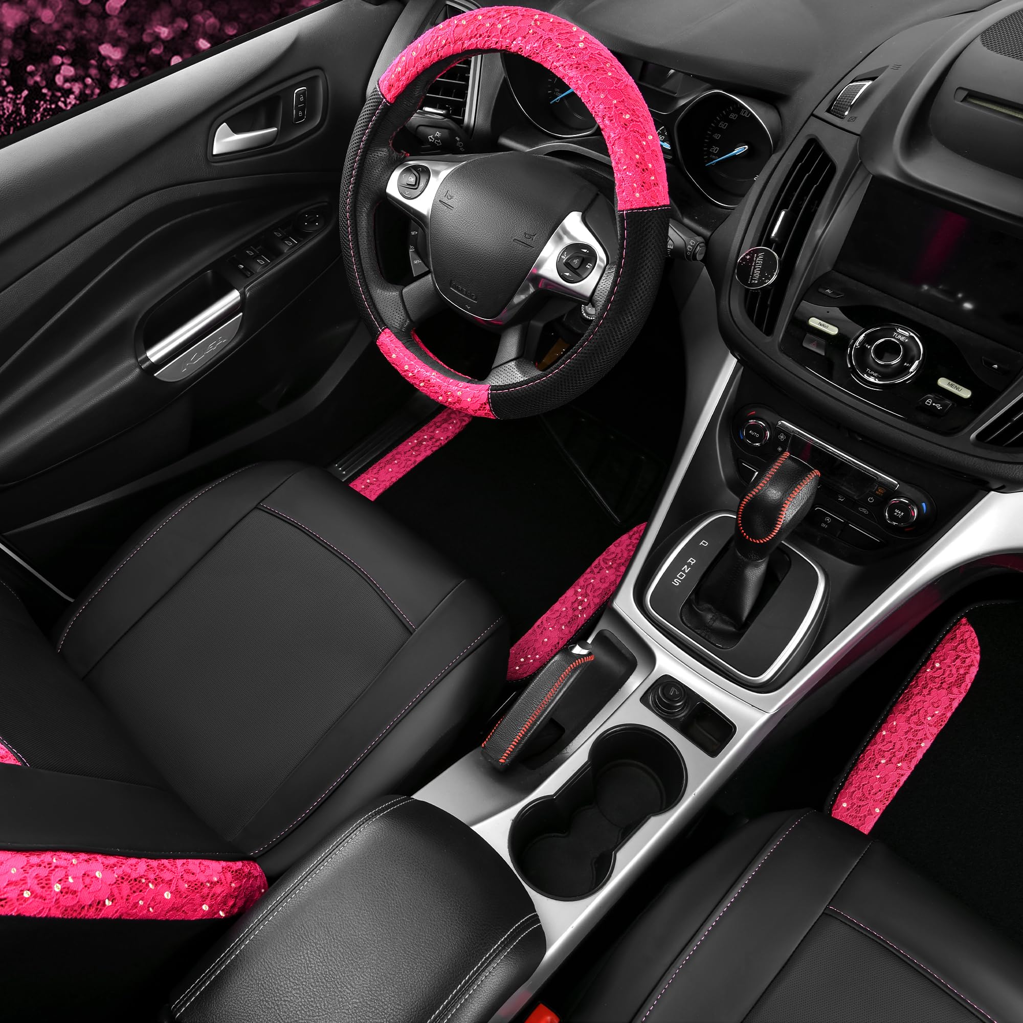 Car Pass Universal Leather Pink Lace Car Seat Covers Full Set For Women Girls, Waterproof Car Floor Mats Carpet, Steering Wheel