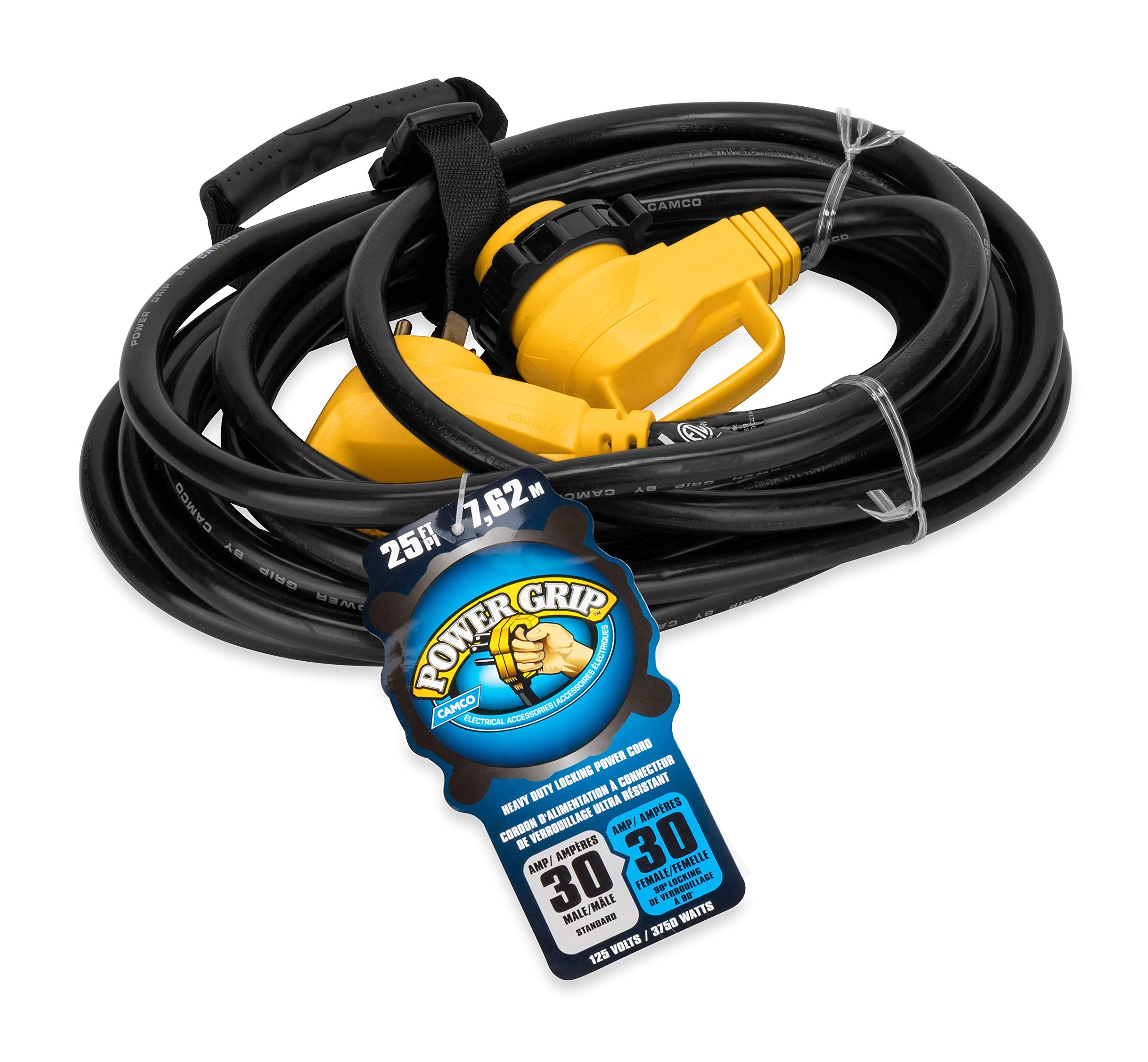 Camco Power Grip 25-Ft 30 Amp Rv Extension Cord W/90 Locking End - Rated For 125V / 3,750W - Features Threaded Locking Ring For