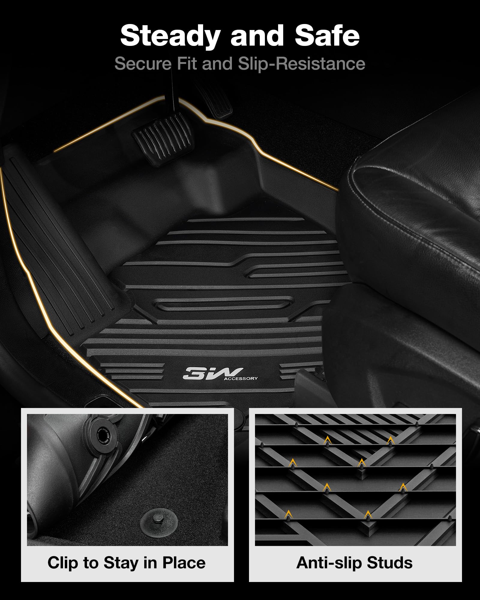 3W All Weather Custom Fit Ford Edge Floor Liner, 1St & 2Nd Row Full Set, Black