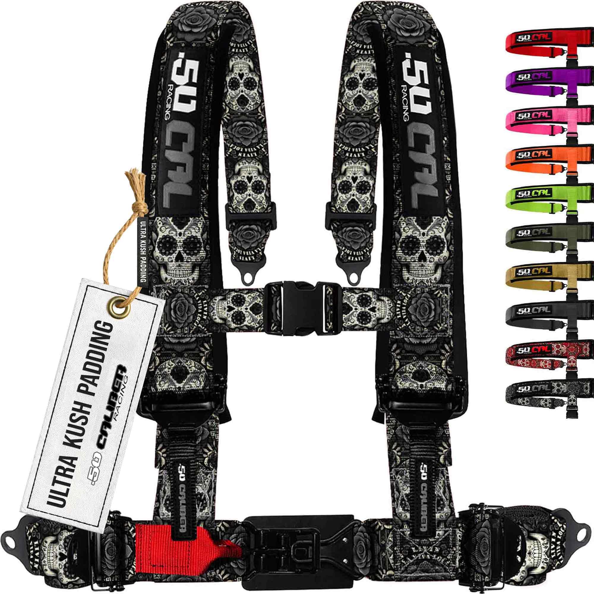 1pc Black Sugar Skull 4 Point Harness for Bucket Seat, 2in Belt, Quick Release, 10 Color Options, Racing Harness UTV RZR Car [63