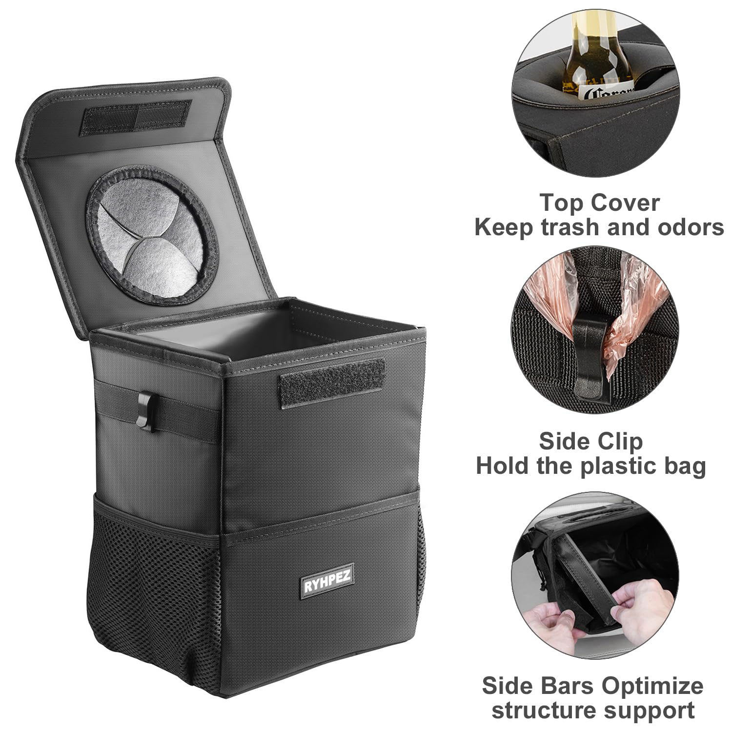 Ryhpez Car Trash Can With Lid - Car Trash Bag Hanging With Storage Pockets, Leakproof Collapsible Garbage Can With Solid Structu