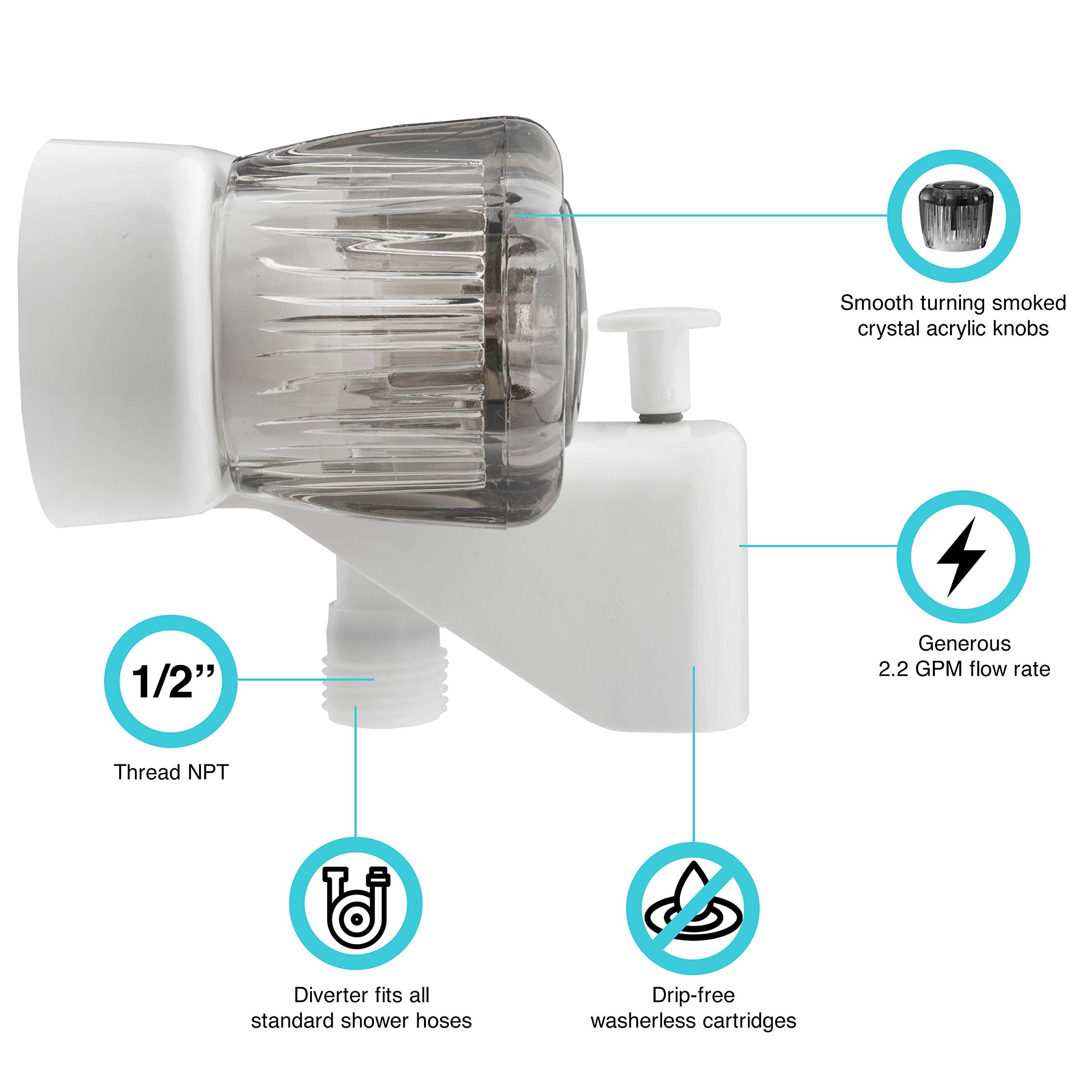 Dura Faucet Df-Sa110S-Wt Rv Tub & Shower Faucet Valve Diverter With Smoked Acrylic Knobs (White)