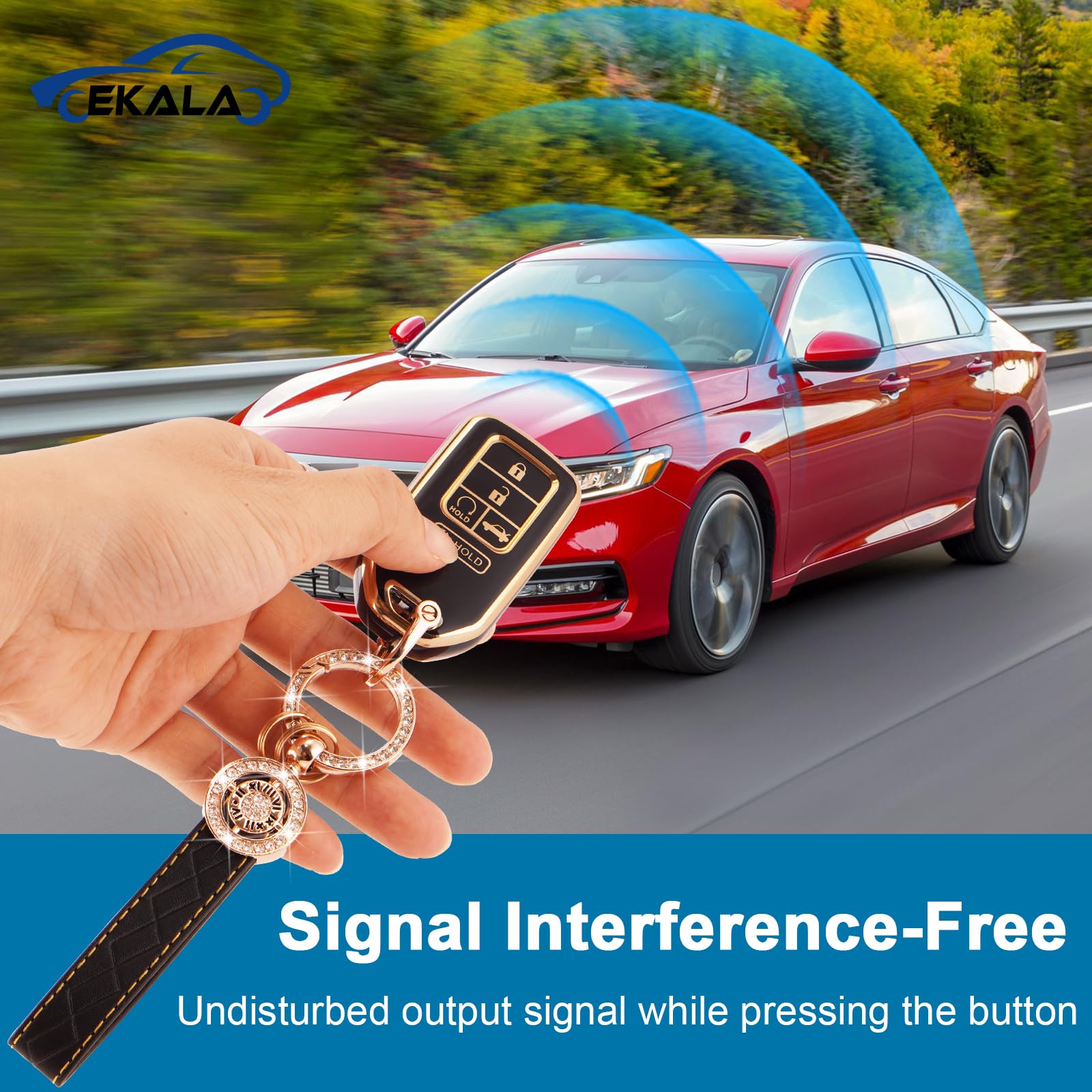 EKALA Leather Key Fob Cover - 5 Button Soft TPU Shells, Compatible with Accord, Civic, CRV, Odyssey, Pilot - Black Gold