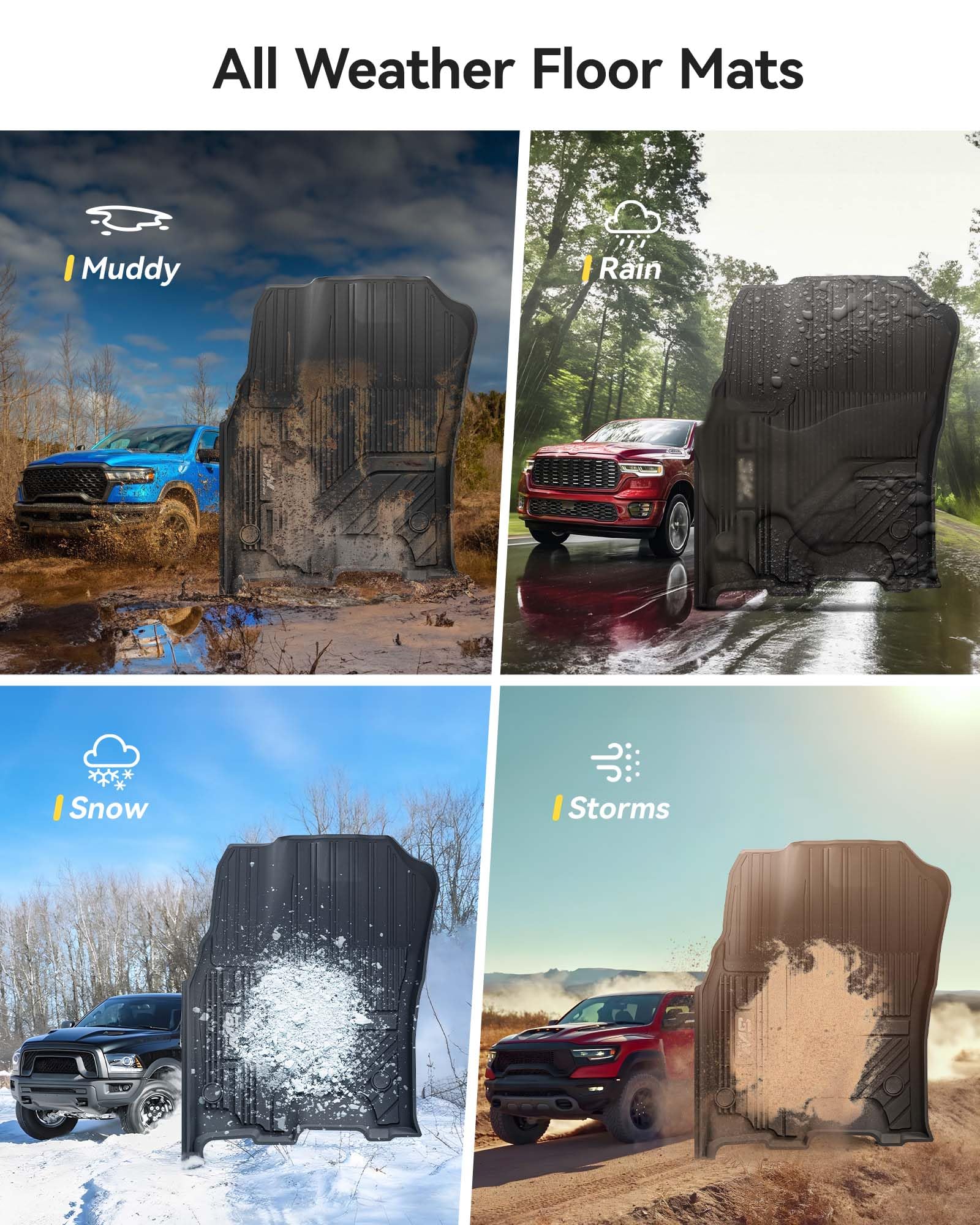 3W Floor Mats Fit For Dodge Ram 1500 2025(With Rear Under-Seat Factory Storage Bucket Seat), Tpe All Weather Custom Fit Floor Li