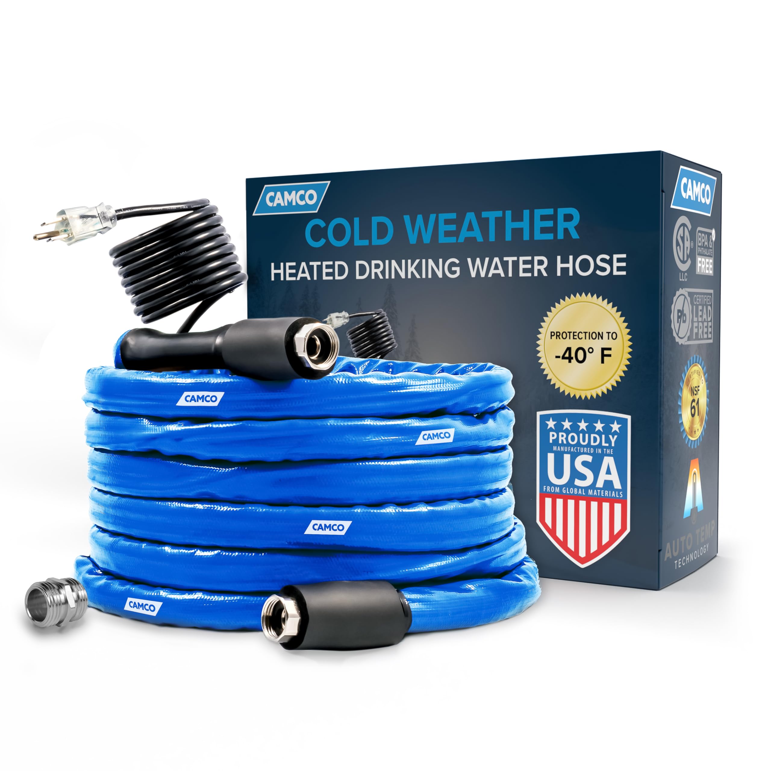 Camco 25-Ft Heated Water Hose For Rv - Water Line Freeze Protection Down To -40F/C - Features Energy-Saving Thermostat & Include