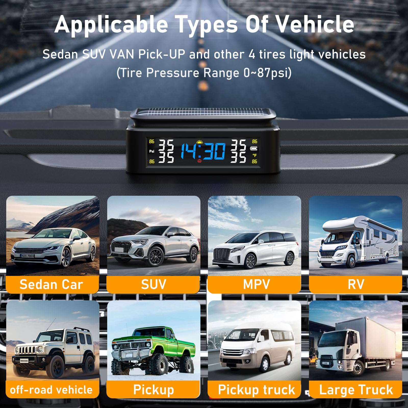 Seacot RV TPMS Tire Pressure Monitoring System with Solar/USB Charging, 4 Sensors, 6 Alarm Modes, LCD Display, 0-87 PSI Pressure