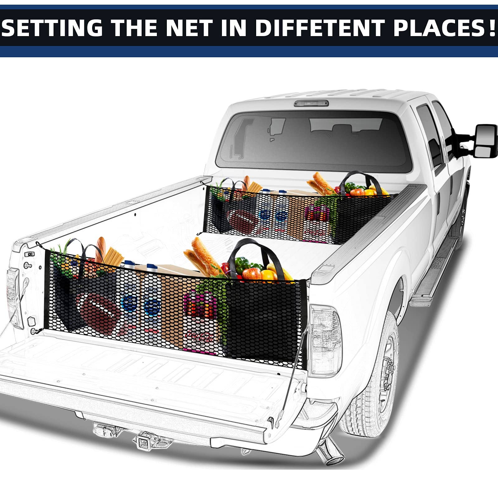 Cargo Net Organizer With Elastic Mesh & Hooks - Grocery Holder For Truck Beds