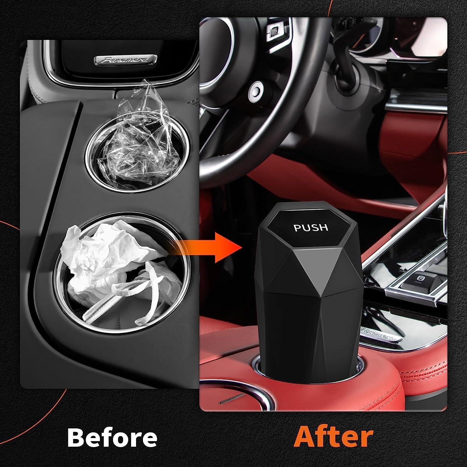 HOTOR Car Trash Can with Lid - Leakproof Mini Garbage Bin, 15 Trash Bags Included, Black, Model US11013