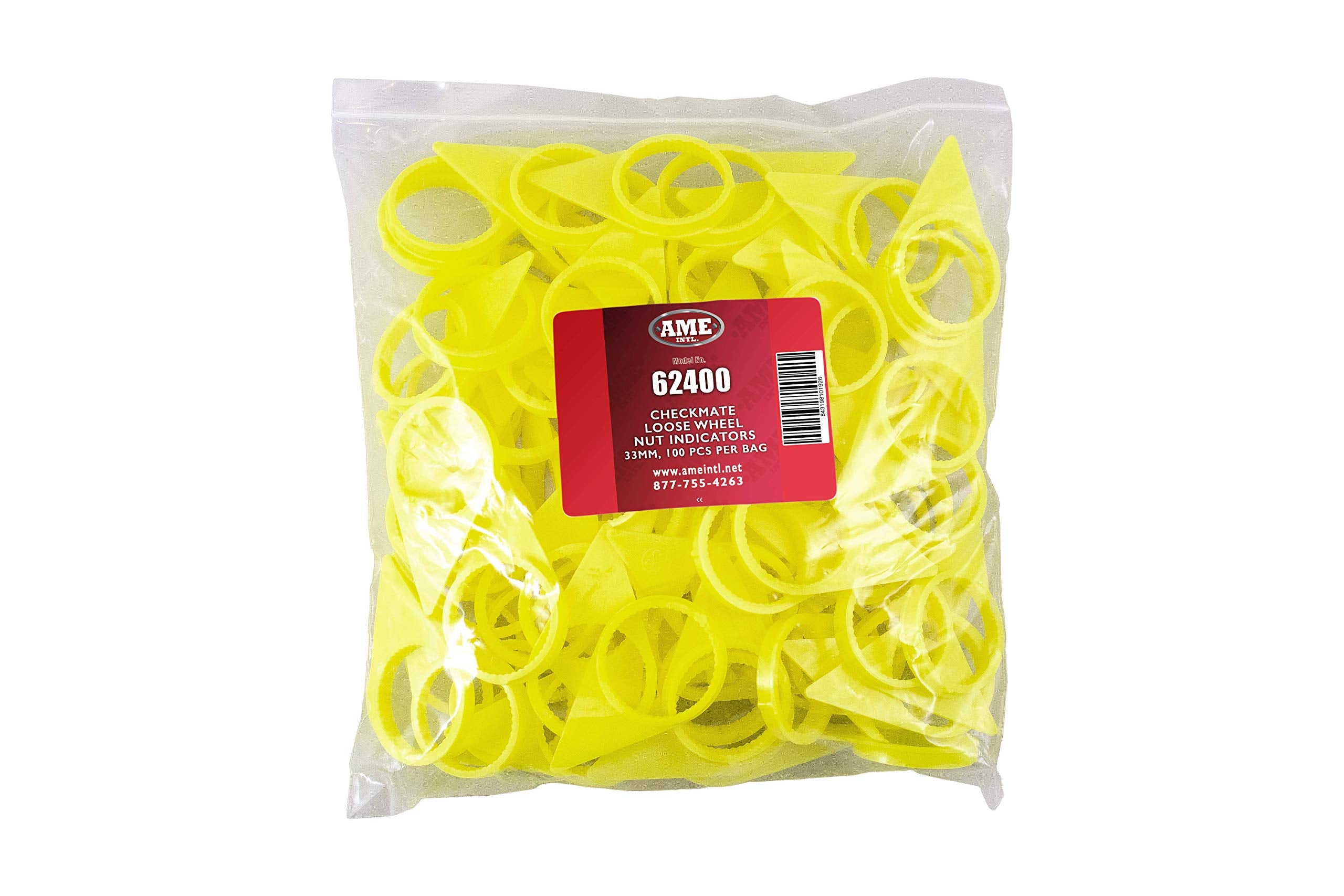 AME INTL 62400-200 Checkmate Loose Wheel Nut Indicator for 33MM Nuts, 22mm Studs, High Visibility Yellow (Pack of 200)