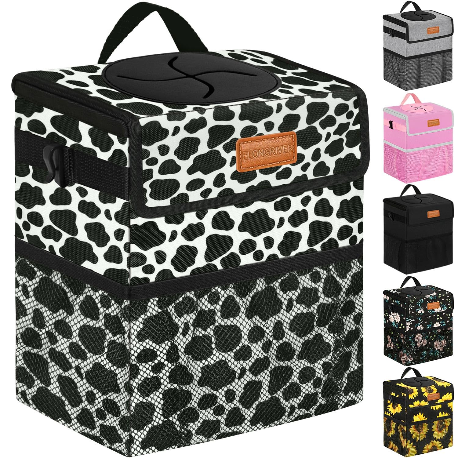 Elongriver Car Trash Can Bin For Car Back Seat Leak Proof, Cute Car Trash Bag Hanging, Vehicle Trash Can For Suv Truck Van, Automotive Car Garbage Cans Front Seat Cow Print