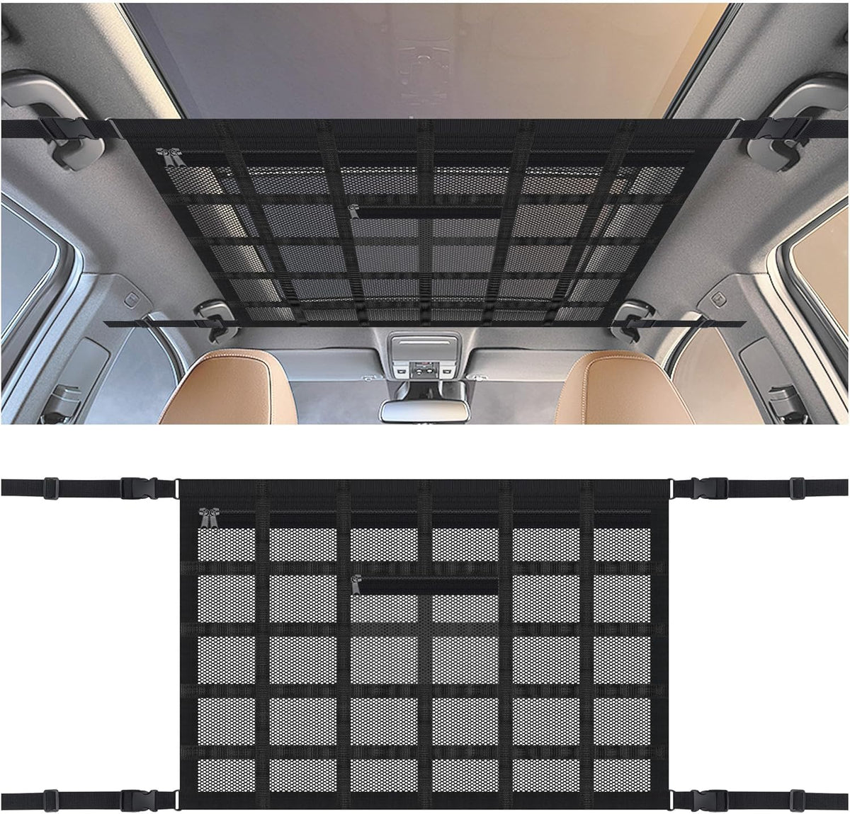 Upgrade Car Ceiling Cargo Net Pocket with Zip,Double Layers+Avoid Sagging Roof Cargo Bag for Toy,Quilts,Tickets,Universal Road T