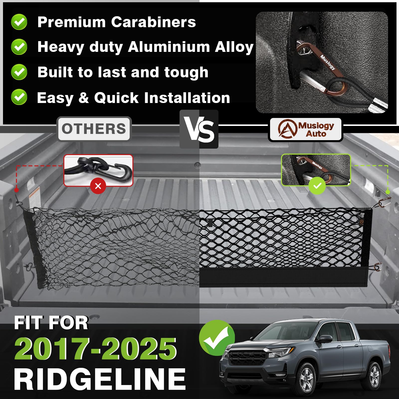 Muslogy Truck Bed Cargo Net for Honda Ridgeline 2017-2025, Heavy Duty Polyester, Black, Model MUS-CARGO NET-18