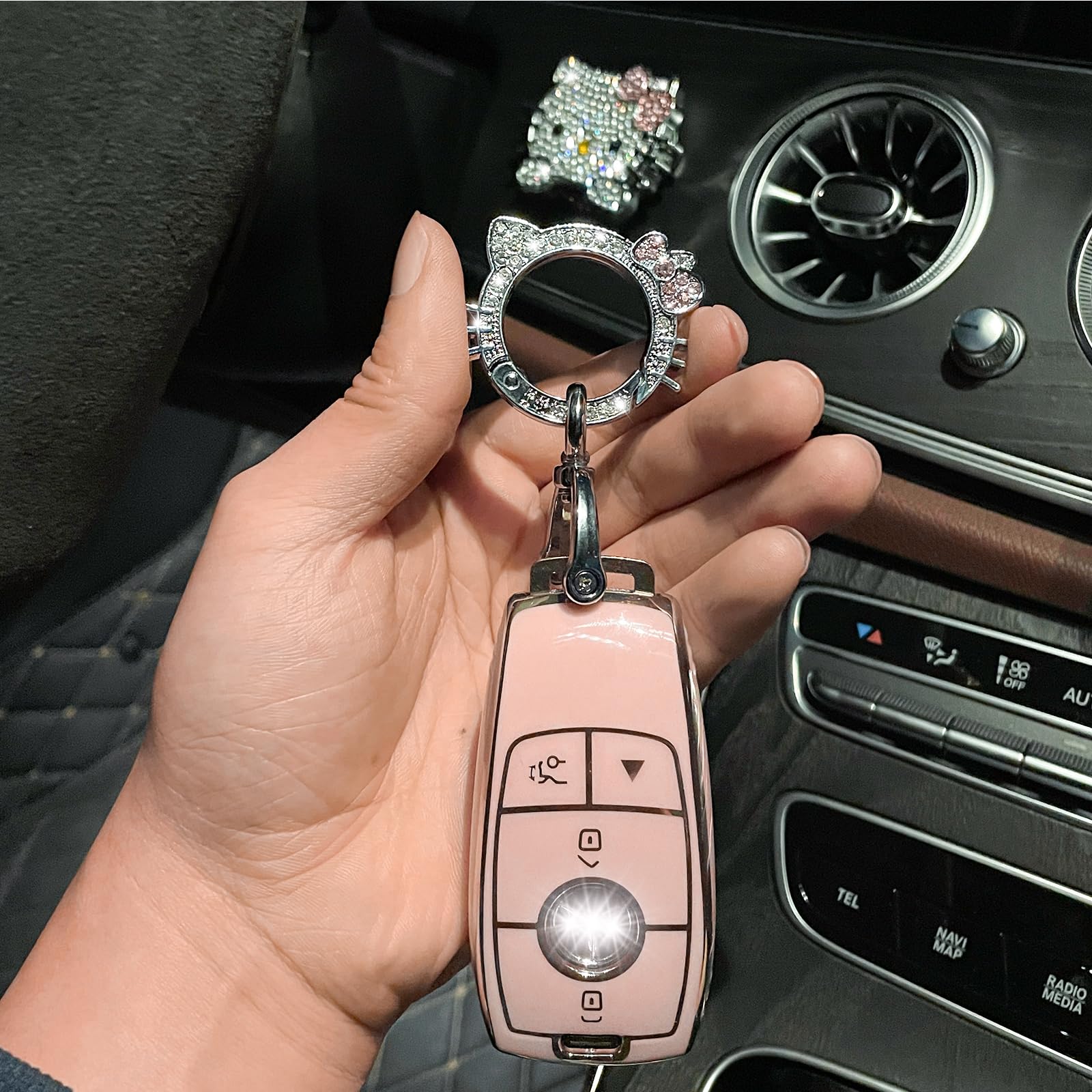 Pangpai Pink Car Accessories 3 Pcs for Mercedes Benz A-Class C-Class G-Class 2017-2020 E-Class S-Class Key Fob Cover with Bling