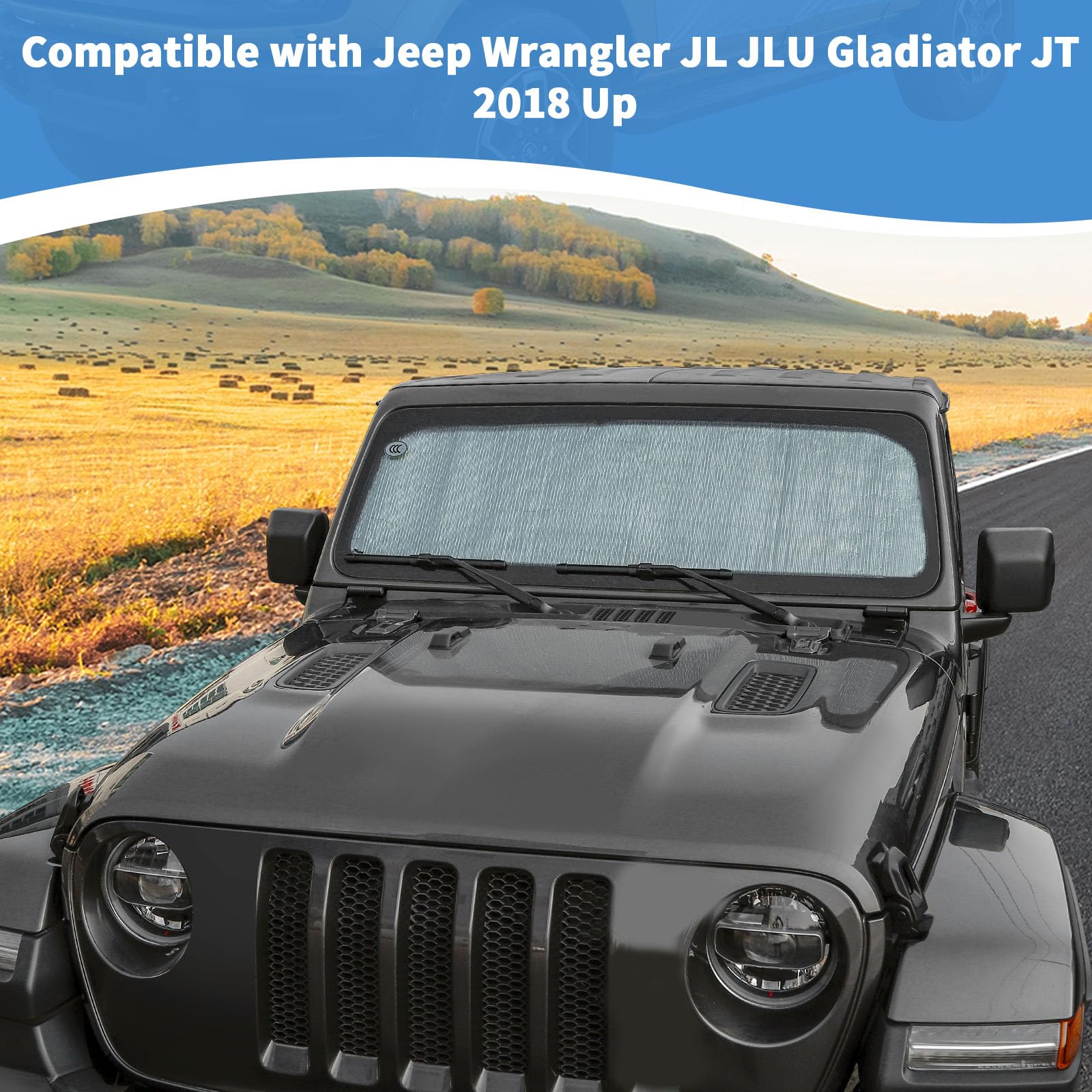 RT-TCZ for Wrangler JL Windshield Sun Shade Front Sun Visor Mat for Jeep Wrangler JL JLU 2018-2024 for Jeep Gladiator JT 2020-2024