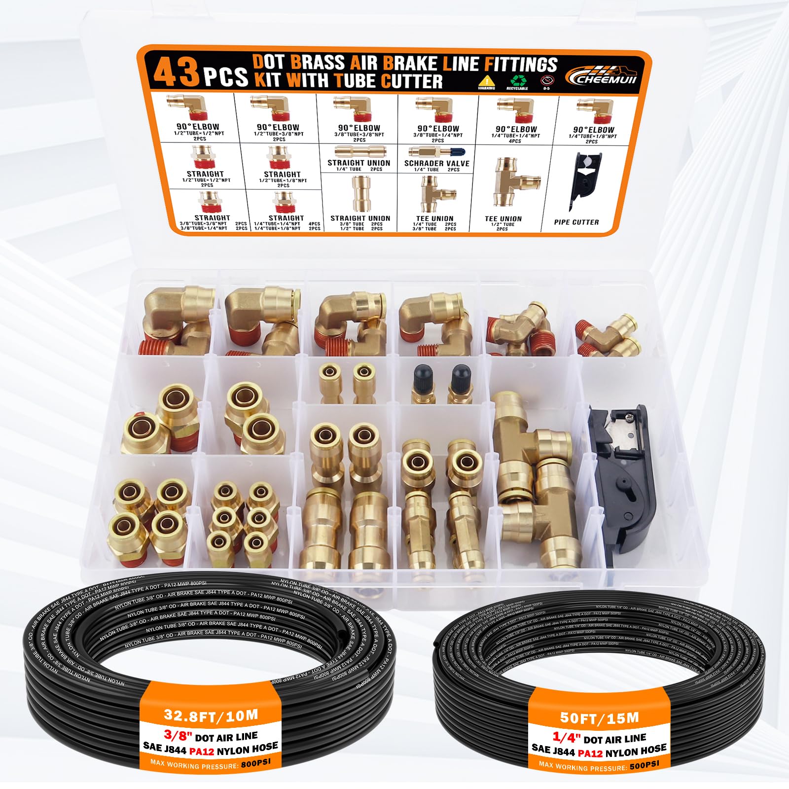 Cheemuii 43 Pcs Brass Dot Air Line Fittings With 50Ft 1/4 '' & 32.8Ft 3/8 '' Dot Air Hose Kit - 1/4, 3/8, 1/2 Push To Connect Np