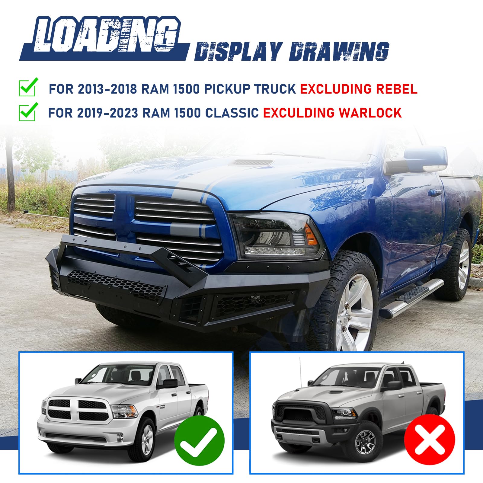 Hawkley Ram Front Bumper For 2013-2018 Ram 1500 Pickup Truck Exclude Rebel; For 2019-2023 Ram 1500 Classic Exclude Warlock; Offroad Bumper W/2X Led Light & Sensor Mounting Hole & Licence Plate Bracket