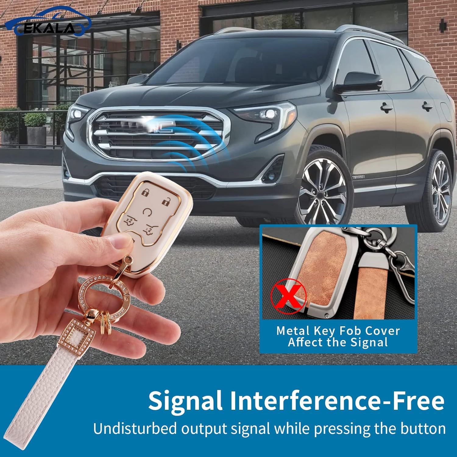 EKALA for GMC Key Fob Cover with Leather Key Fob Keychain, 6 Buttons Soft TPU Keys Shells White Key Fob Cover Compatible with GM