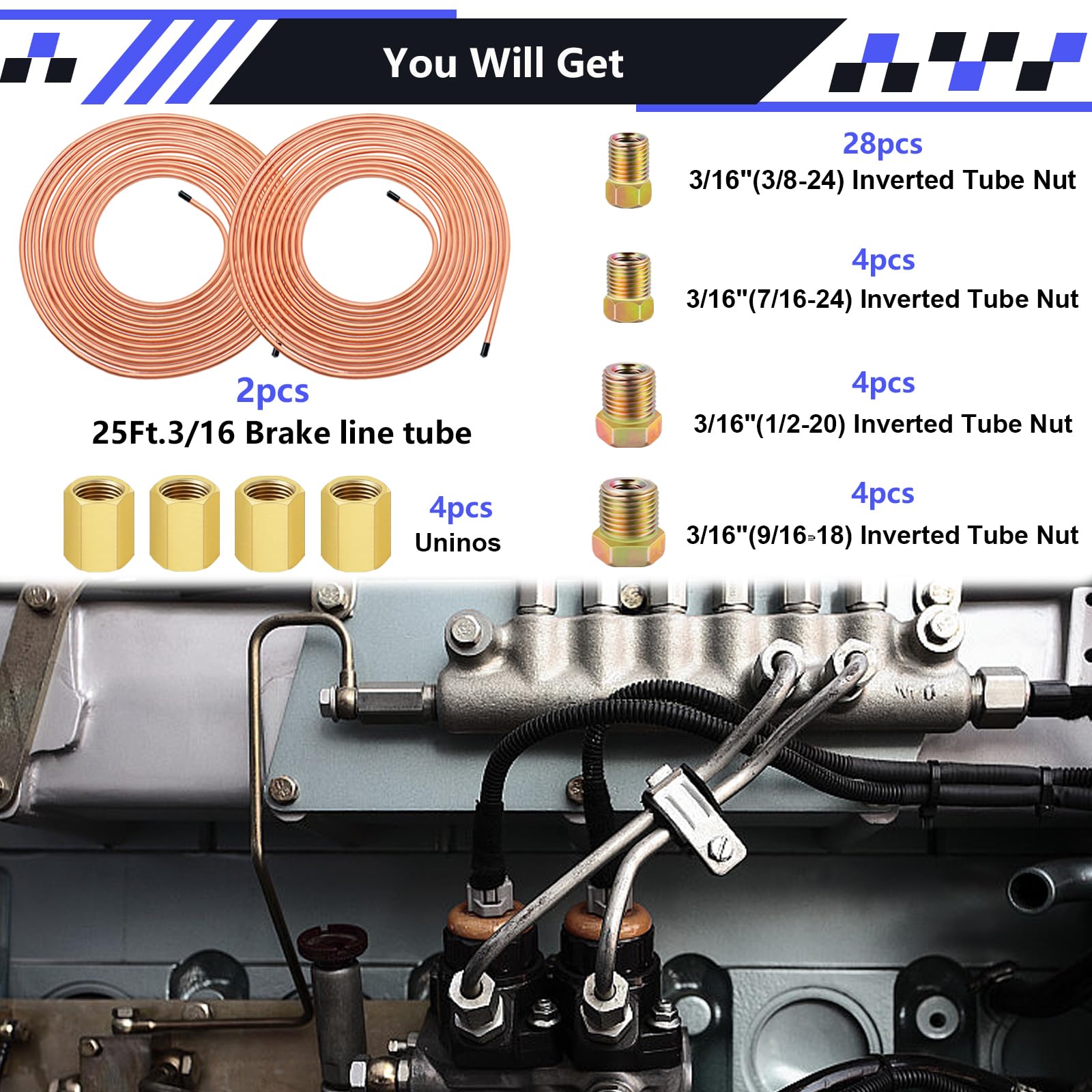 smseace 2Sets 25Ft. 3/16'' Brake Line Tubing Kit with Brake Line Fittings(Includes 32pcs Fittings and 4pcs Unions+8pcs Nuts) Cop