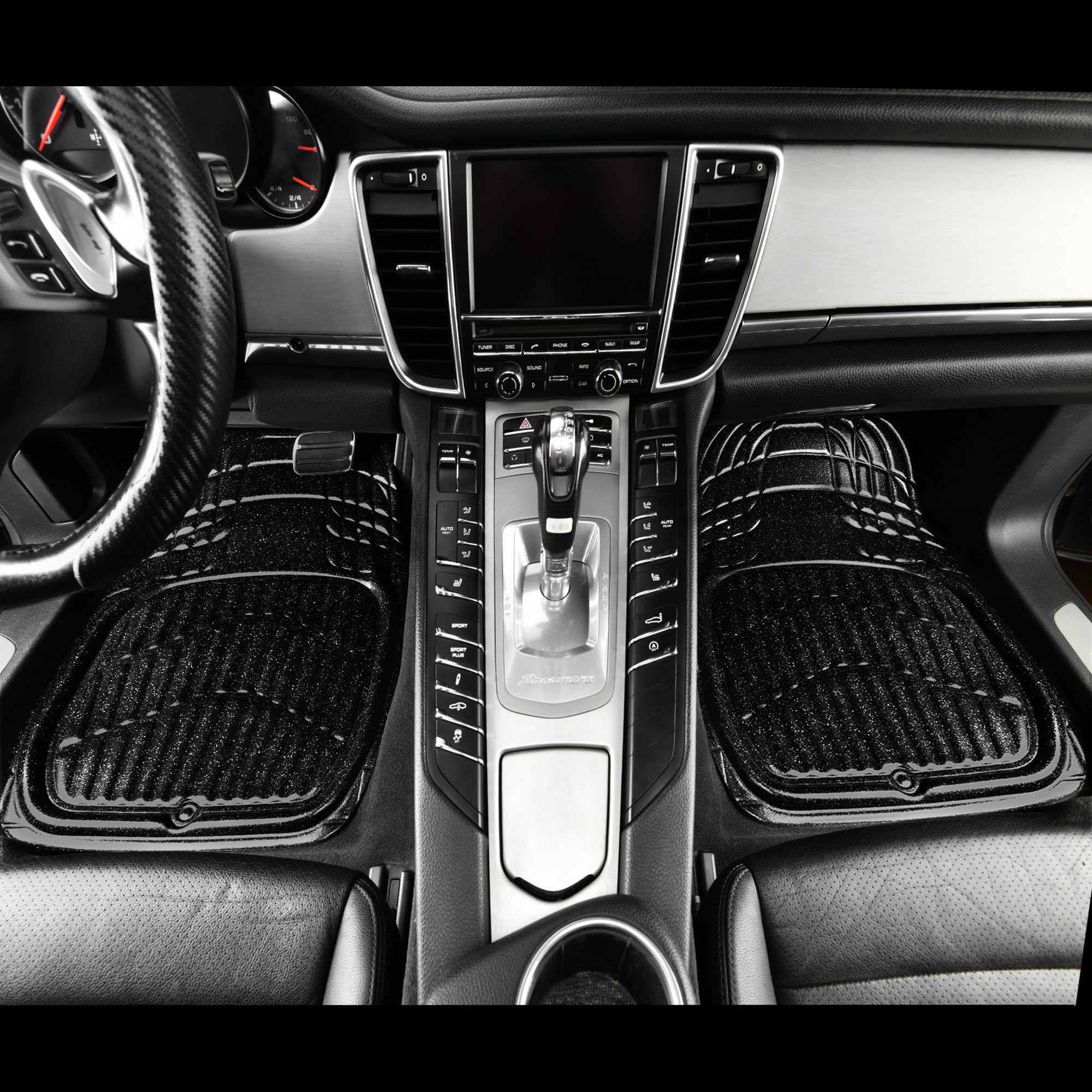Car Pass Shining Glitter Car Floor Mats 3D Leather Waterproof All Weather, Universal Trim To Fit & Anti-Slip, Safety & Light Eas