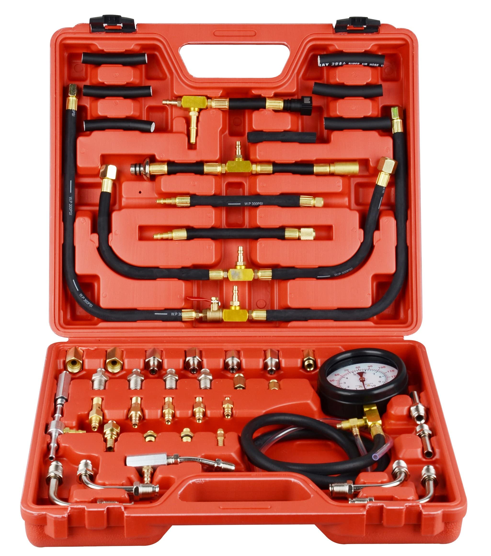 Fuel Injection Pressure Tester Kit, 0140 PSI Gauge Dual Dial for Accurate Reading