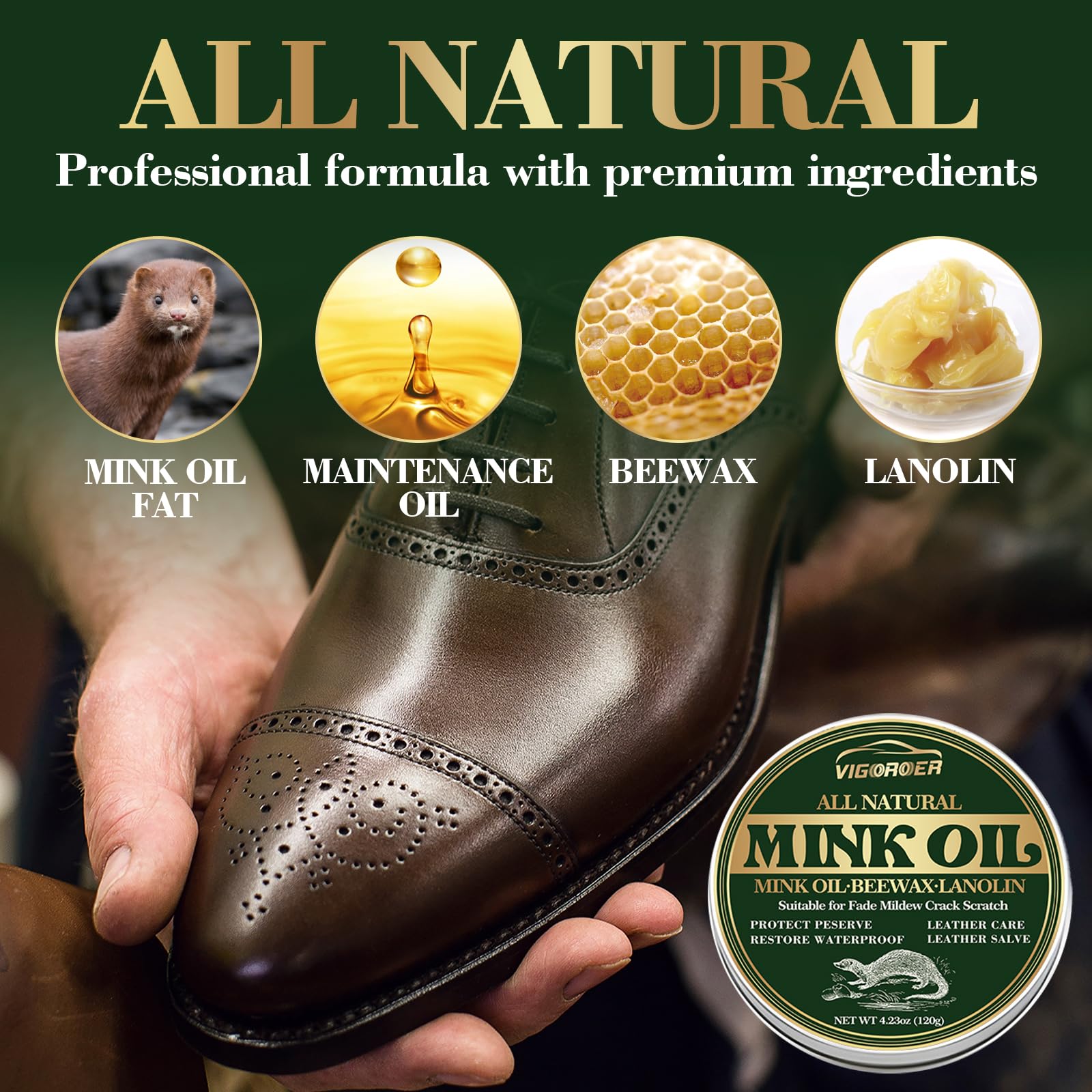Vigorder Mink Oil For Leather Boots, 4.23Oz Leather Conditioner For Boots With Sponge, Made With Mink Oil Beeswax, Protect Softe