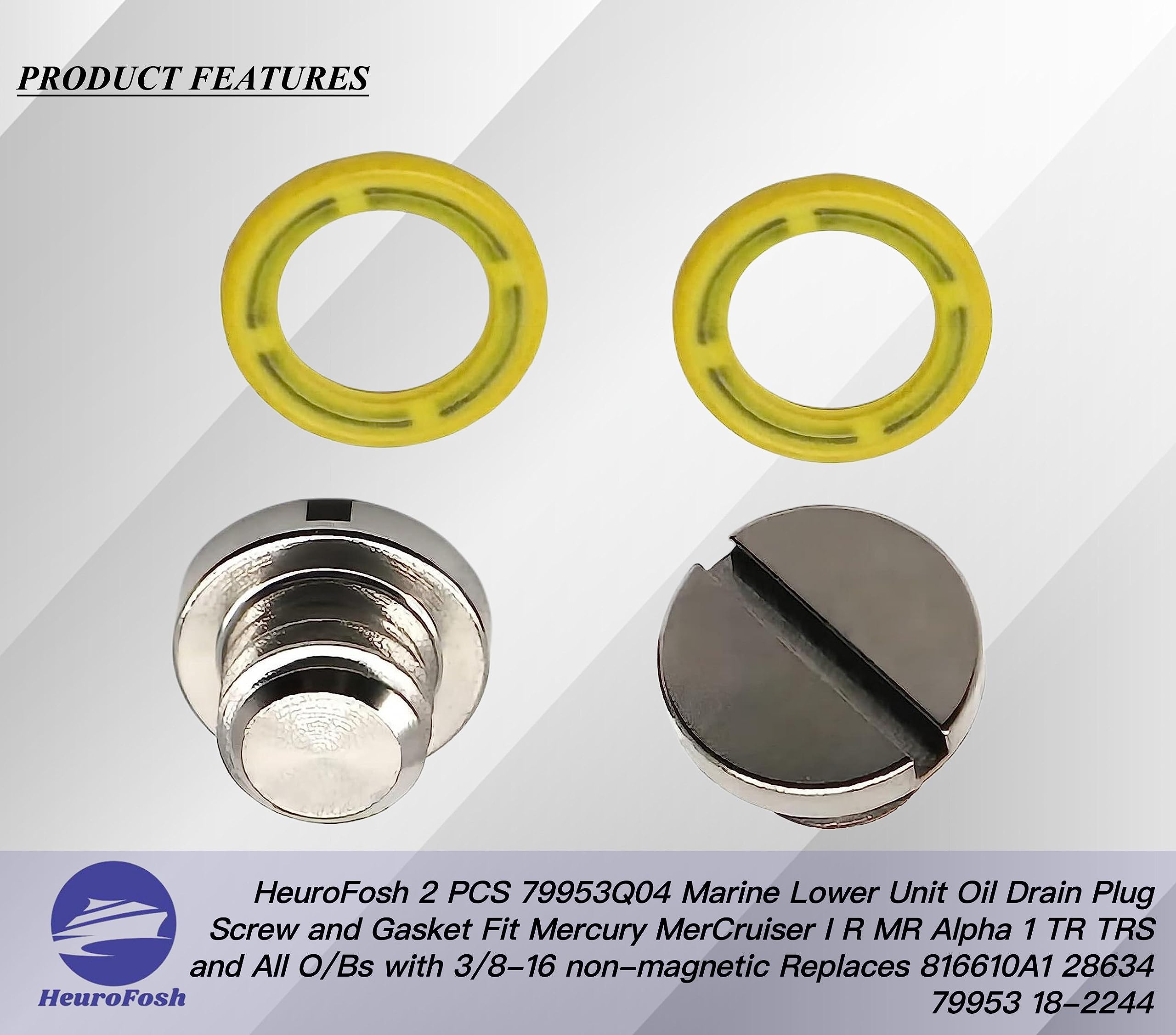 Heurofosh 2 Pcs 79953Q04 Marine Lower Unit Oil Drain Plug Screw And Gasket Fit Mercury Mercruiser I R Mr Alpha 1 Tr Trs And All O/Bs With 3/8-16 Non-Magnetic Replaces 816610A1 28634 79953 18-2244