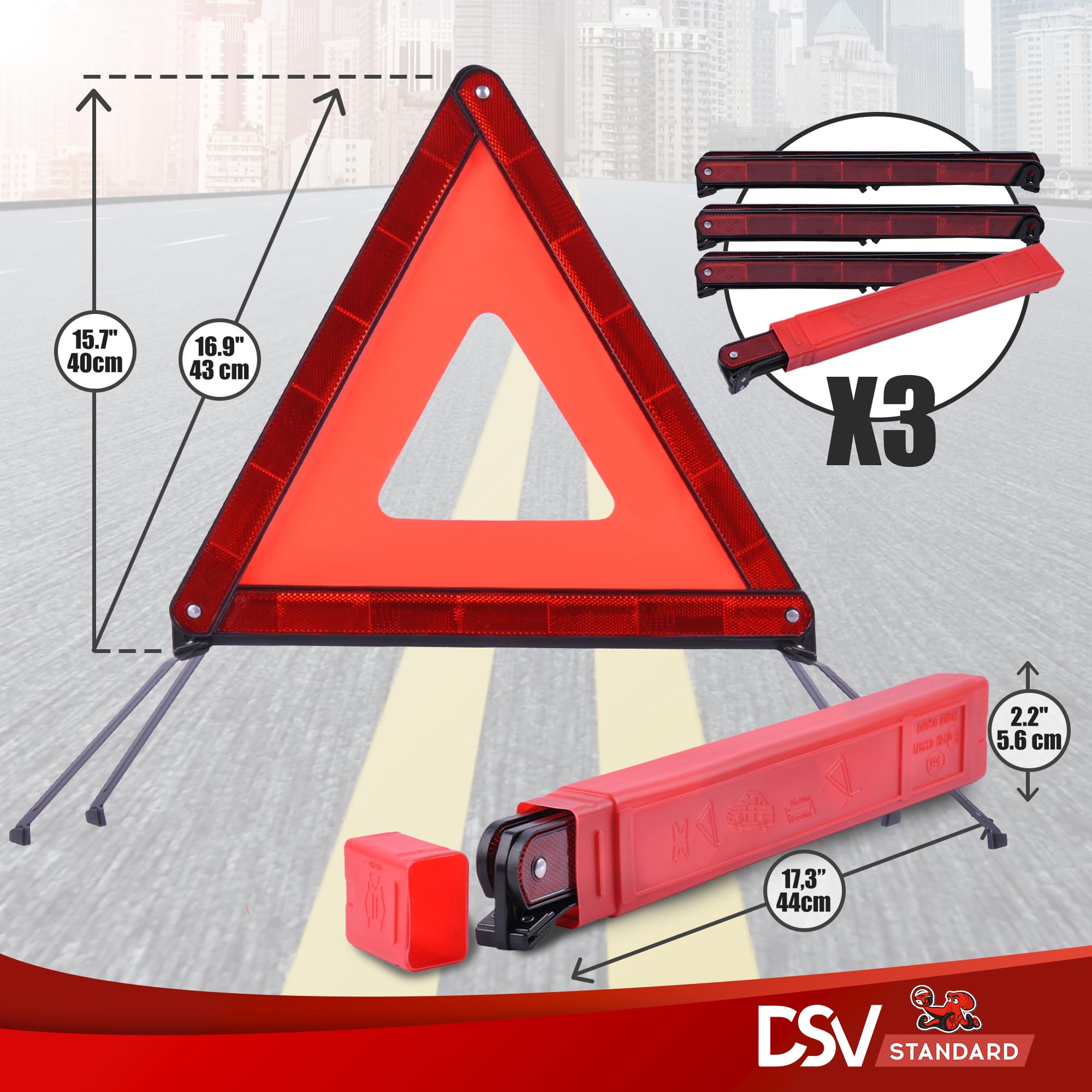 Dsv Standard Emergency Triangles, Warning Triangles For Vehicles, Reflective Triangle, Safety Triangles With Case For Vehicles B