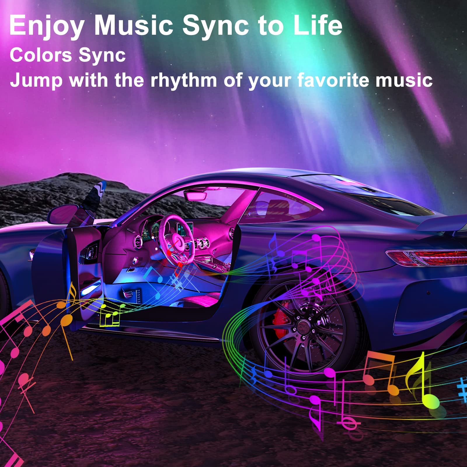 Sunva Car Led Strip Light Interior, Sound Active 4 Lines 48 Leds Multicolor Music Sync Interior Car Lights Under Dash Waterproof