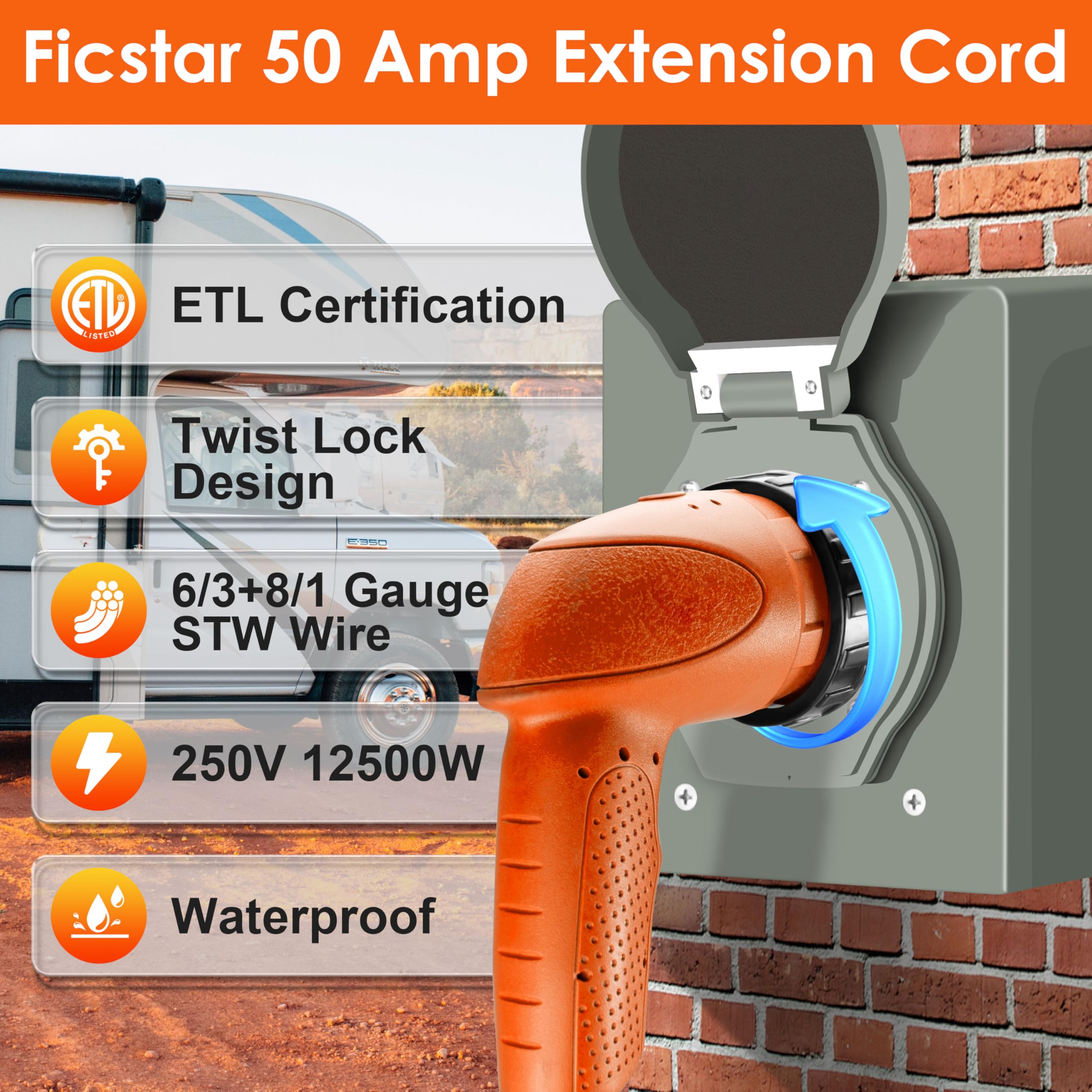Ficstar 50 Amp RV Extension Cord 15 ft, Heavy Duty 6/3+8/1 SJTW AWG RV Power Cord with Grip Handle Twist Lock, NEMA 14-50P to SS