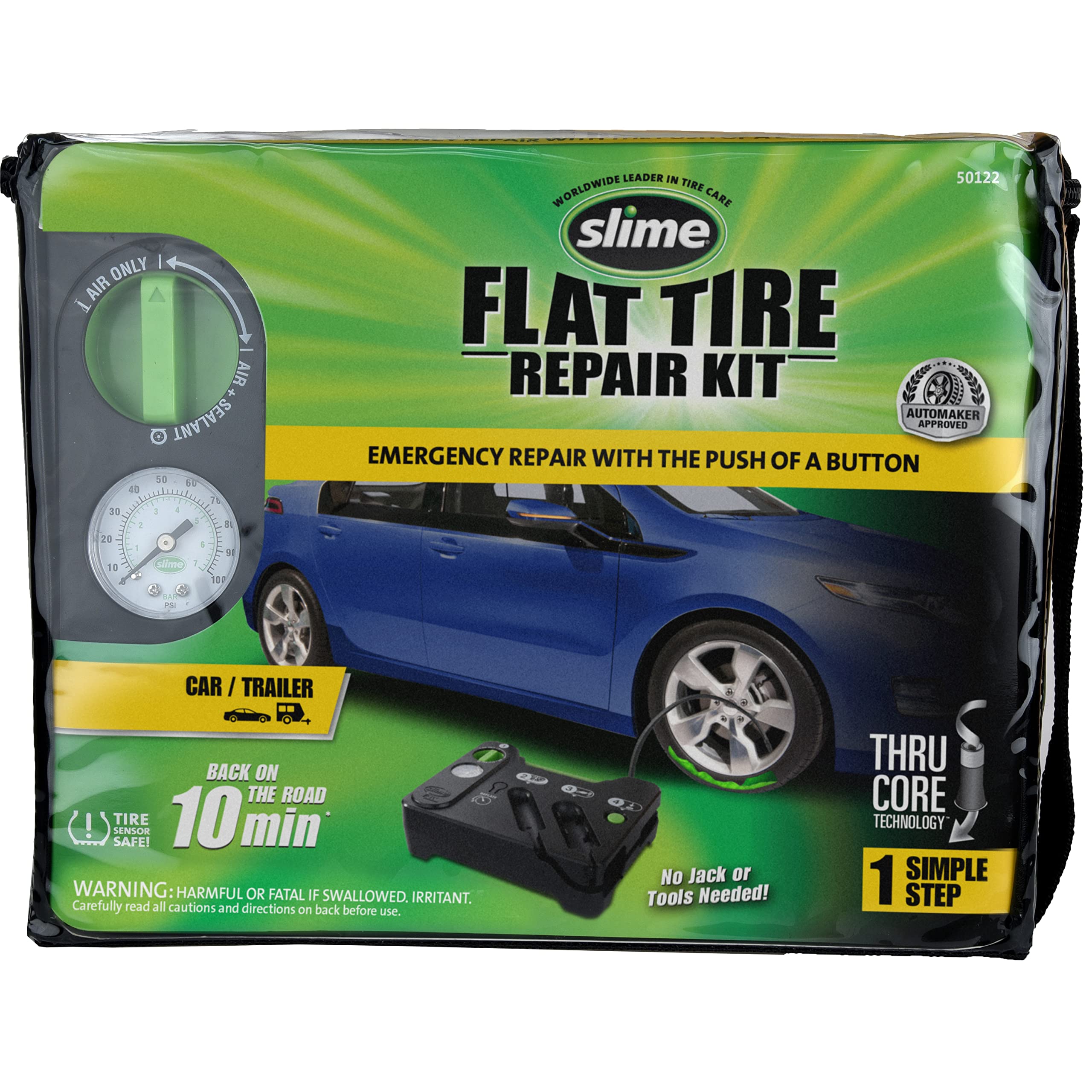 Slime 50122 Flat Tire Puncture Emergency Kit, Includes Sealant And Tire Inflator Pump, Analog, Suitable For Cars And Other Highw