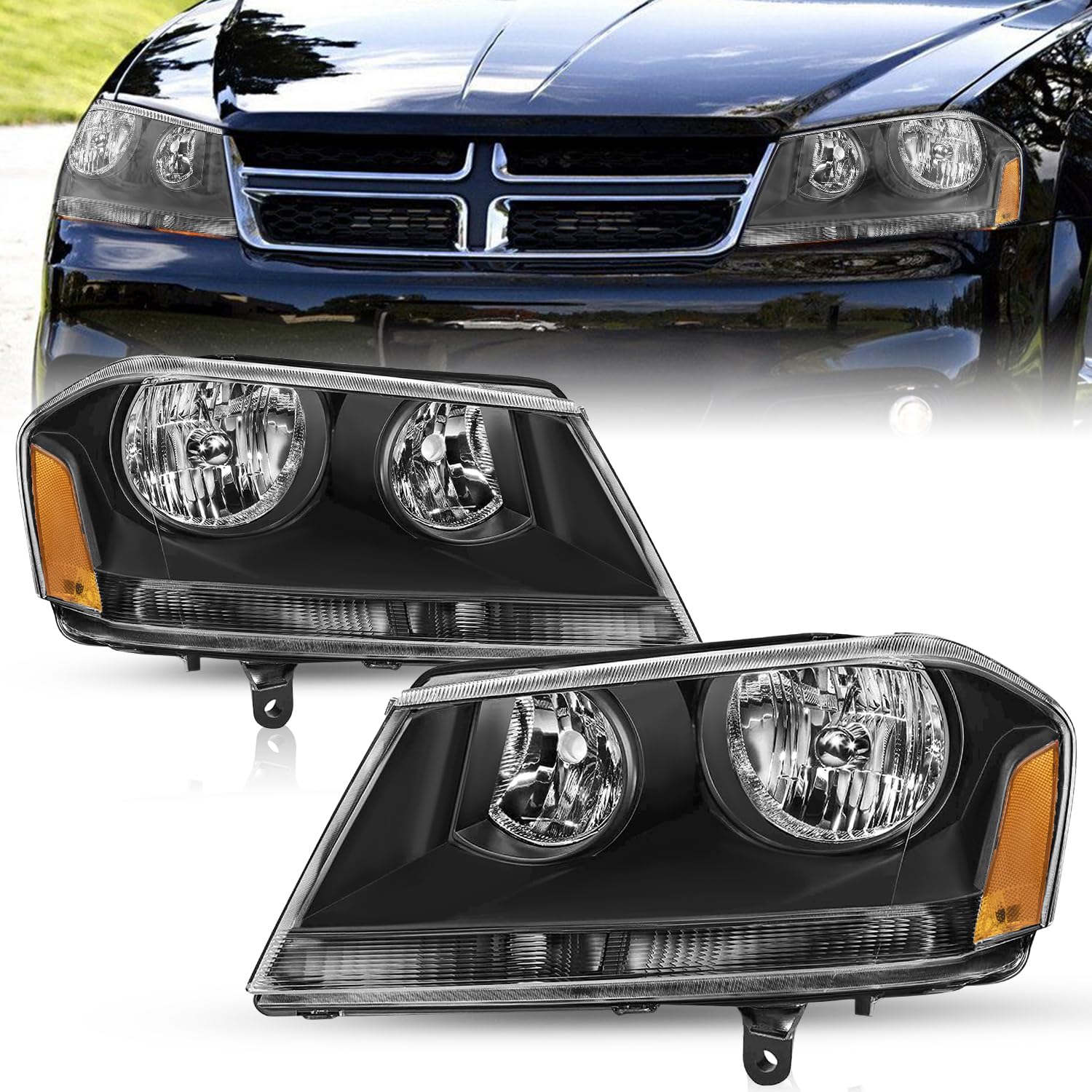 Tusdar Headlight Assembly Compatible With 2008-2014 Dodge Avenger Halogen Driver And Passenger Side Black Housing With Amber Reflector