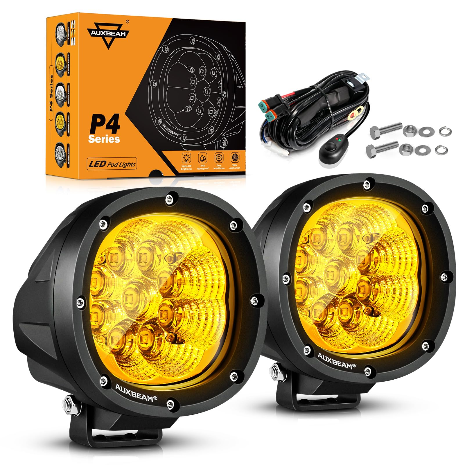 Auxbeam P4 Series Flood Beam Amber Round Light Pods, 4 Inch 90W Yellow Flood Light Bar Backup Reverse, Led Offroad Lights Automo