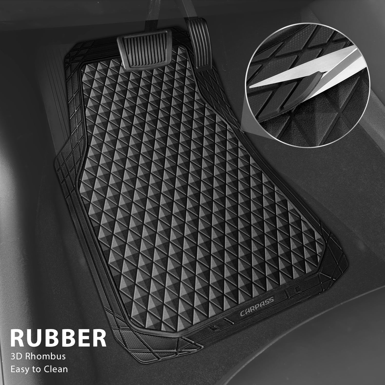 CAR PASS Black Rubber Car Floor Mats & Cargo Liners, Durable Anti-Slip 3D Rhombus Waterproof Automotive Pad Trim Fit Liner All-W