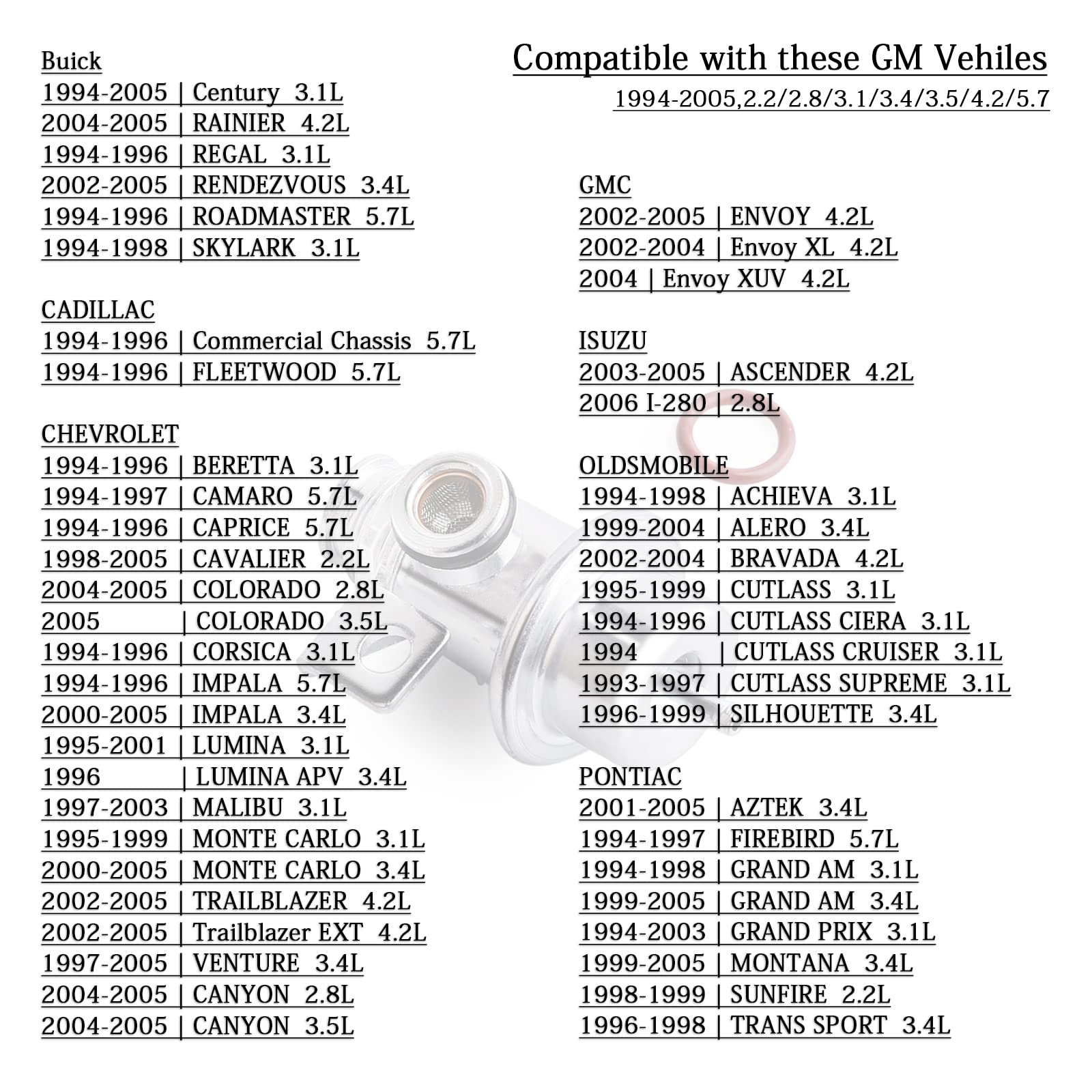 Fuel Injection Pressure Regulator 1994-2005,2.2/2.8/3.1/3.4/3.5/4.2/5.7 Compatible With Gm,Chevy Trailblazer/Camaro,Buick Regal,Cadillac,Gmc,Isuzu,Oldsmobile,Pontiac,17113622,17120440,Fp10300