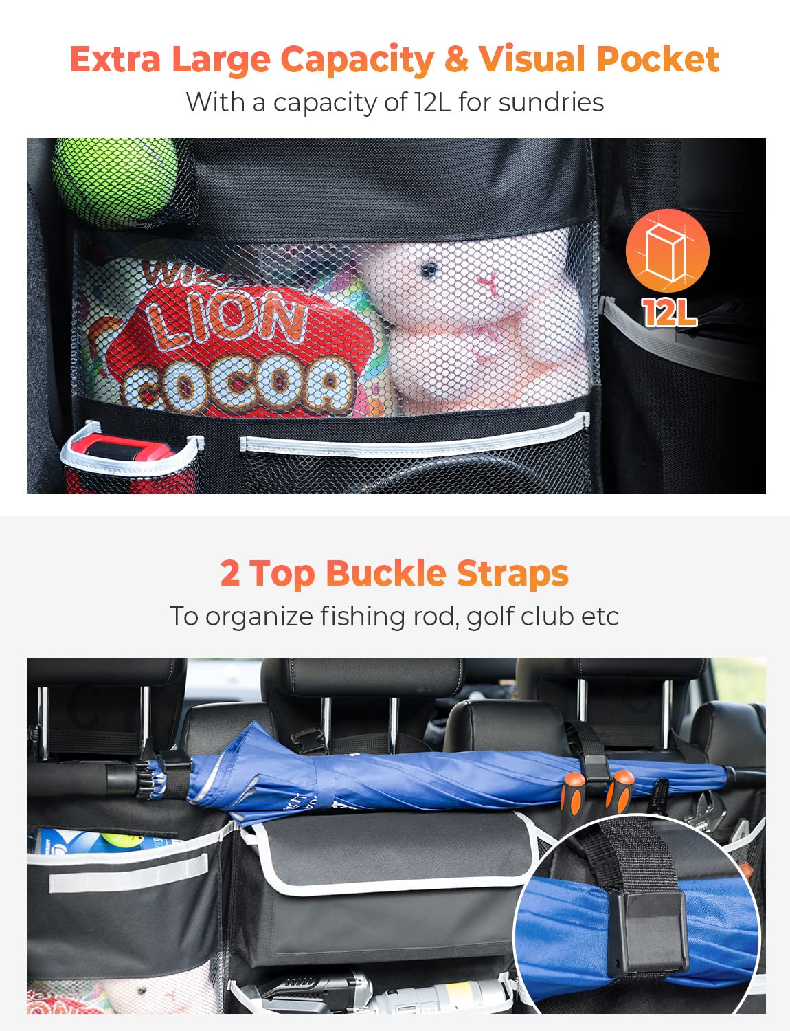 Oasser Large Black Car Storage Organizer - Hanging Trunk Organizer with 10 Functional Storage Bags for SUV, Truck, MPV, VAN