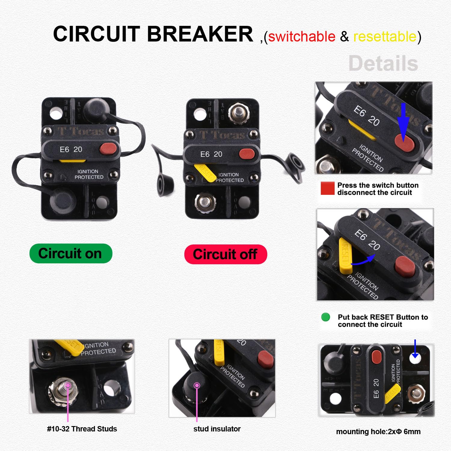 T Tocas 10 Amp Mini Circuit Breaker With Manual Reset Switchable 12V - 32V Dc Waterproof Ip66 10A Fuse Breakers