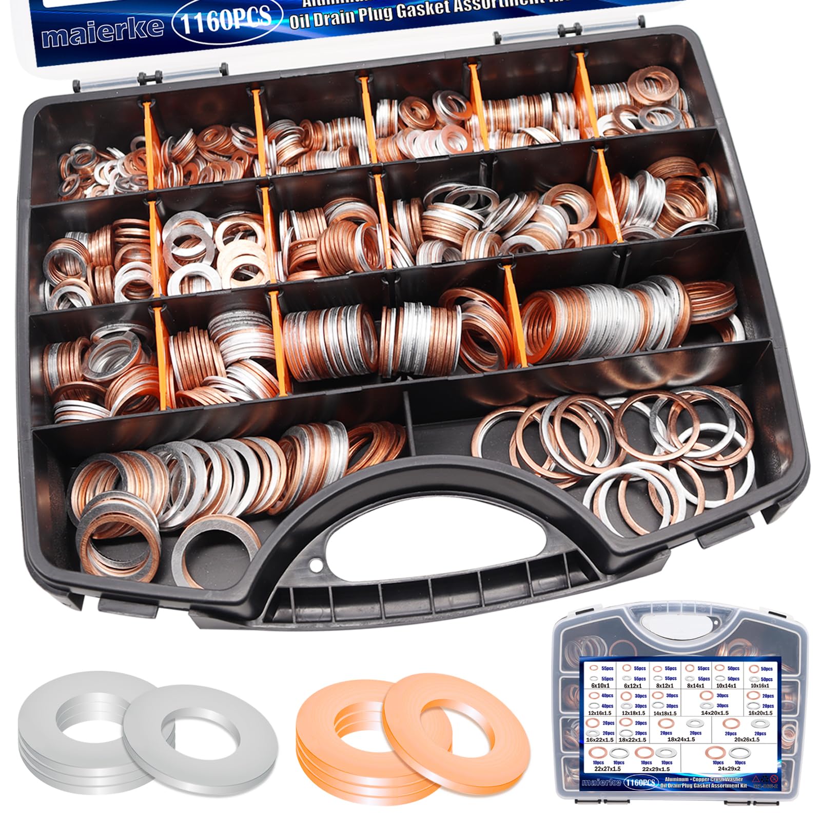 maierke 1160PCS Crush Washer Oil Drain Plug,18 Sizes Copper and Aluminum Oil Drain Plug Gasket Assortment,Automotive Engine Crus