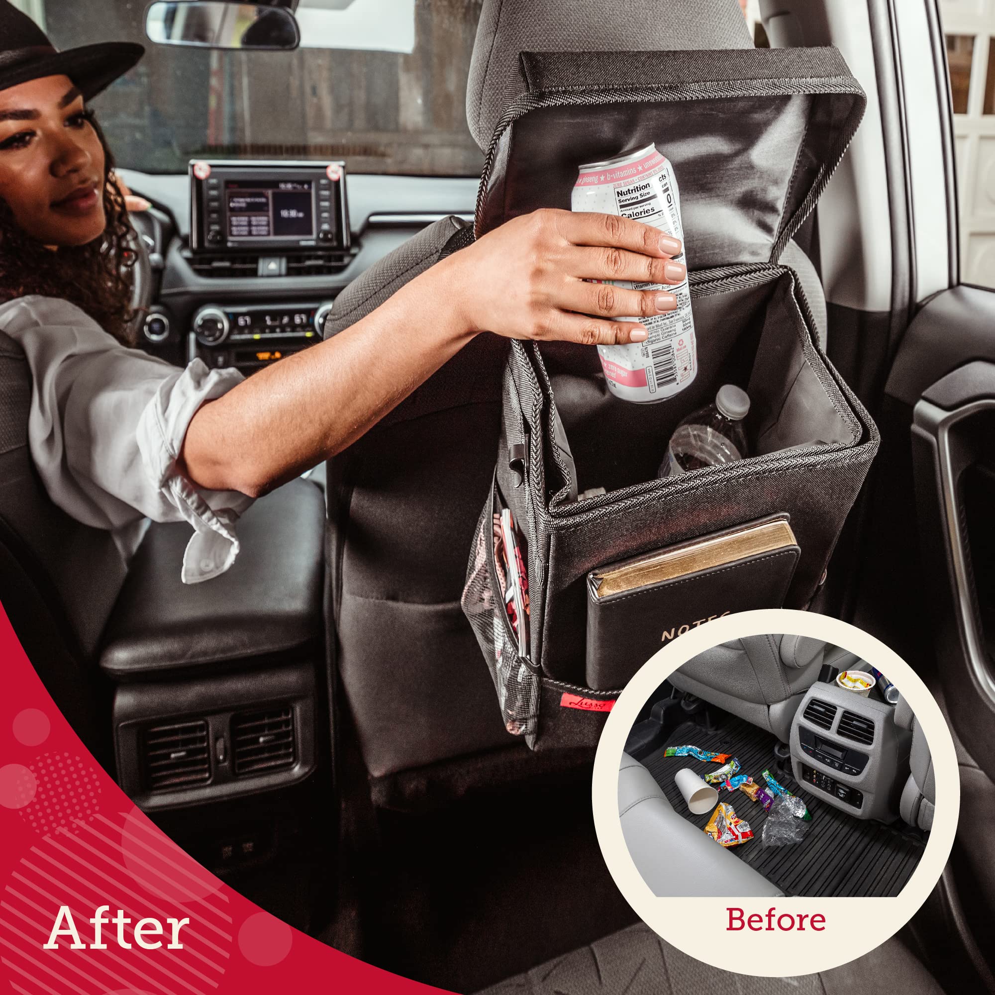 Lusso Gear Car Trash Can With Lid And Removeable Liner, Hanging Car Trash Bag With Hooks, Waterproof Fabric Car Garbage Bin, Aut