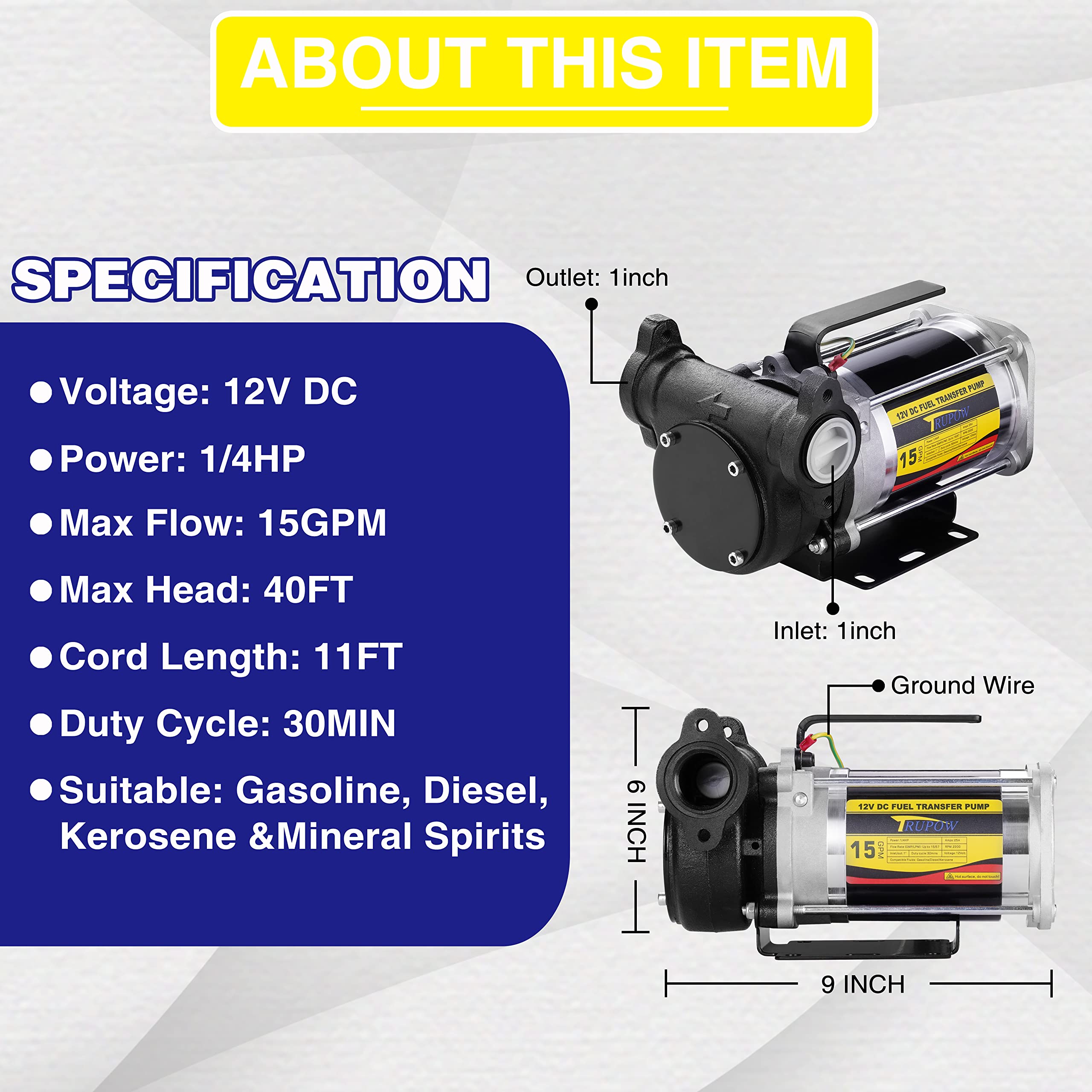 Trupow 12V Dc 15Gpm Self-Priming Heavy-Duty Gasoline Fuel Oil Transfer Pump With Explosion-Proof For Gasoline Diesel Kerosene &