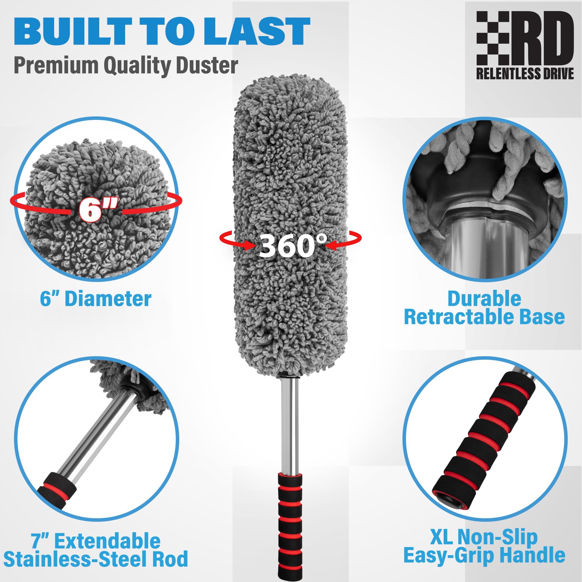 Relentless Drive Car Duster Exterior Scratch Free - Car Accessories For Women & Men - Cleaning Supplies With Premium Microfiber Includes Extra Large Extendable Handle