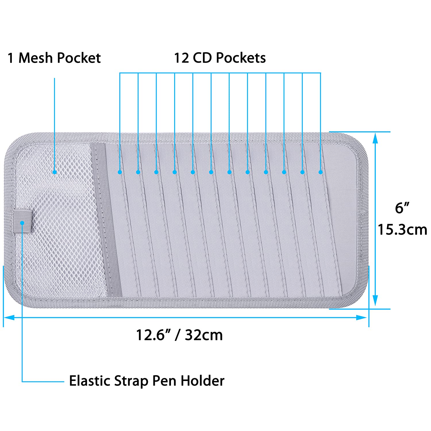 Wisdompro Car Cd Case Holder, Vehicle Sun Visor Organizer For Cars With 12 Dvd Storage Sleeves, 1 Mesh Pocket, 1 Pen Holder And